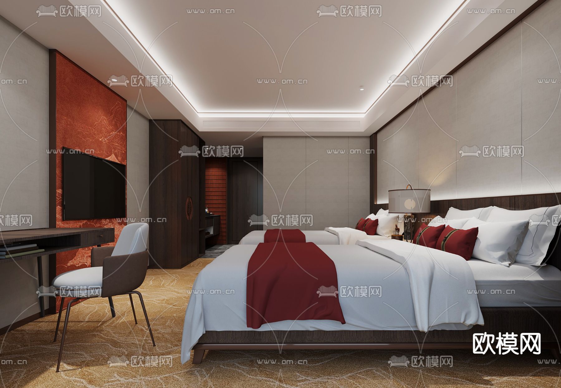 新中式酒店客房su模型下载（渲染图1）