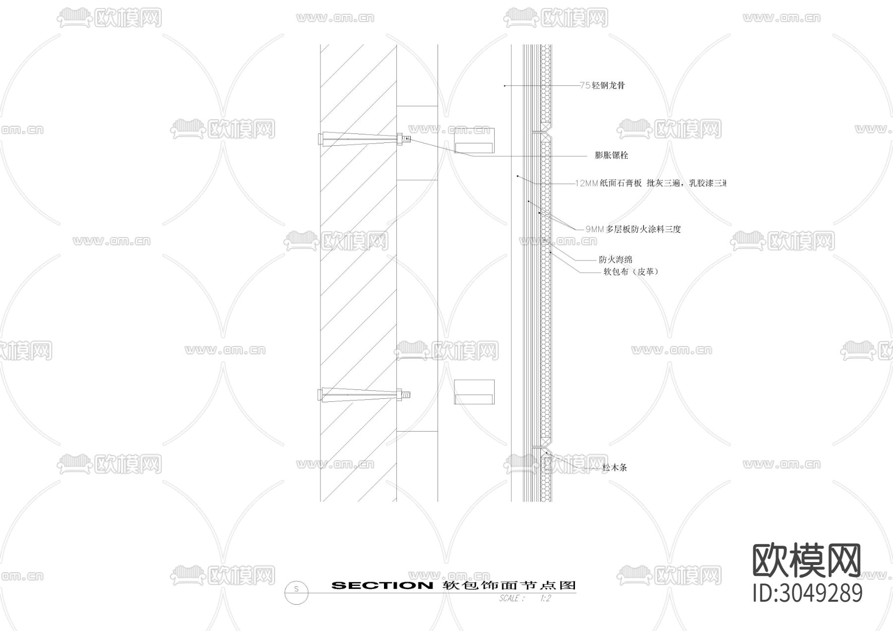 软包 不锈钢饰面cad大样图下载（渲染图2）