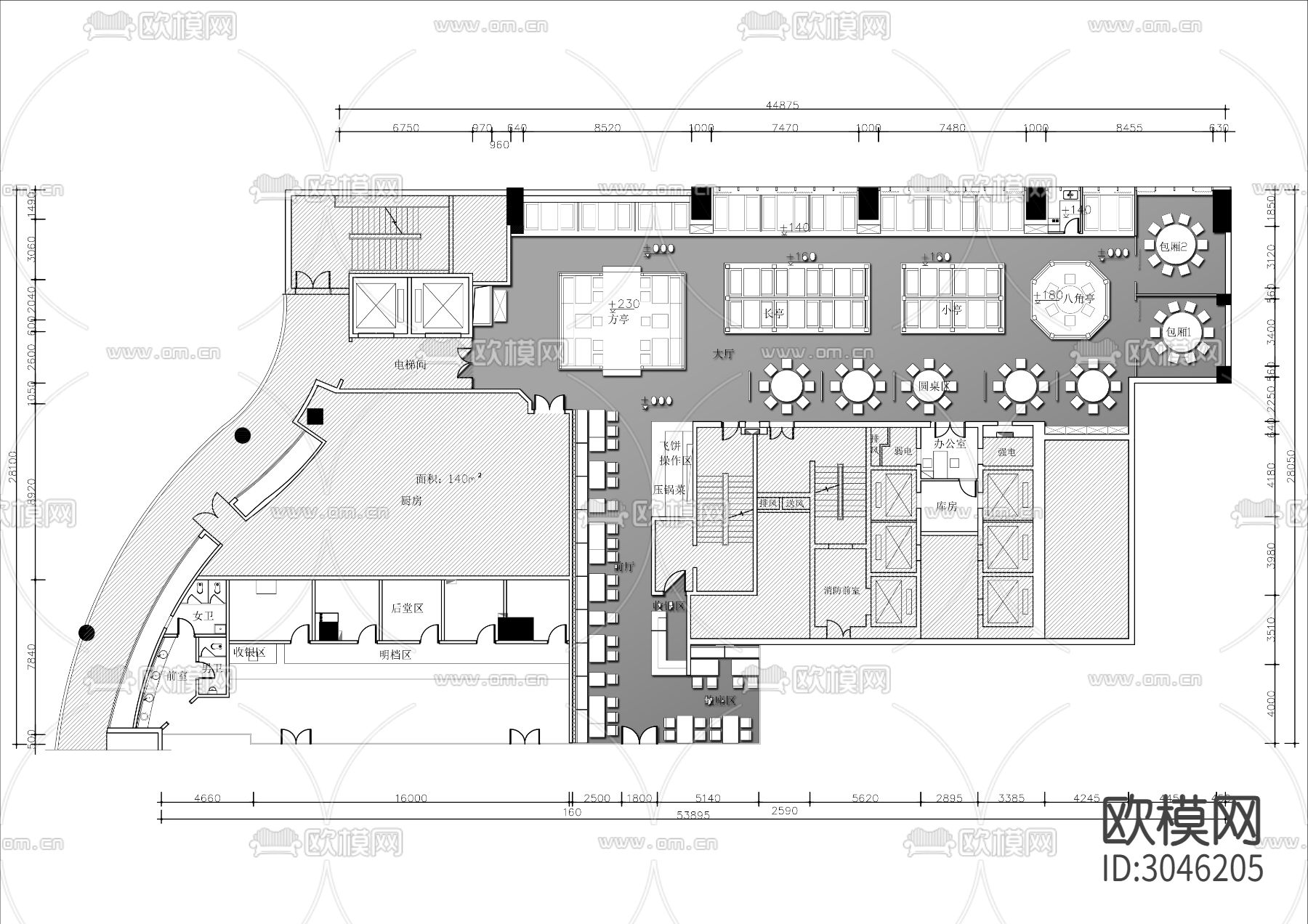 800㎡新疆餐厅cad平面图下载（渲染图1）