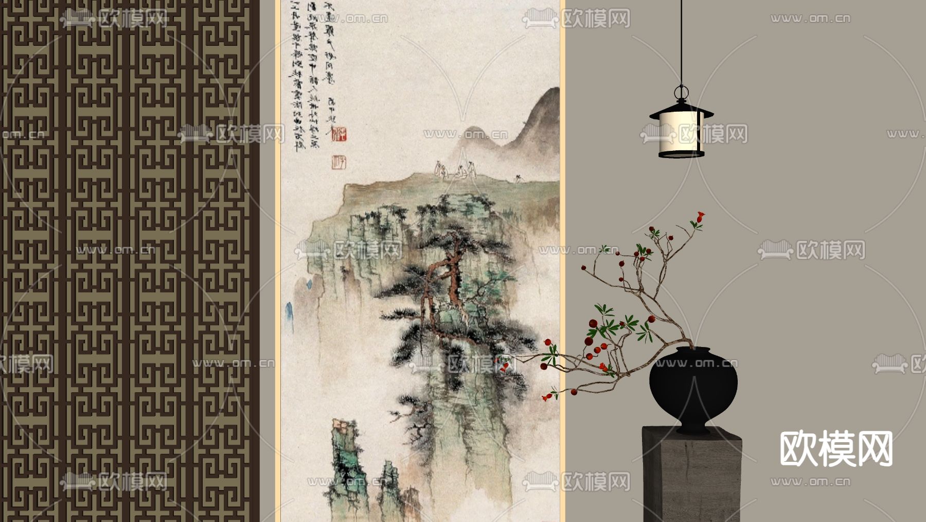 新中式装饰画su模型下载（渲染图1）