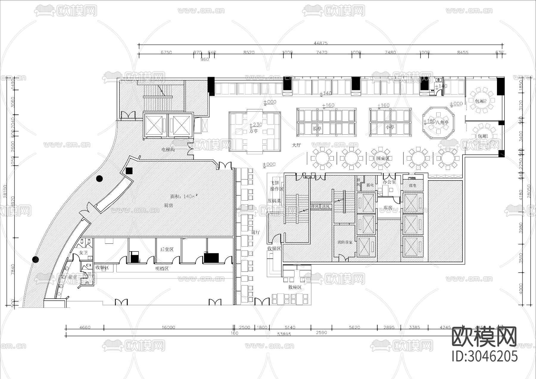 800㎡新疆餐厅cad平面图下载（渲染图2）