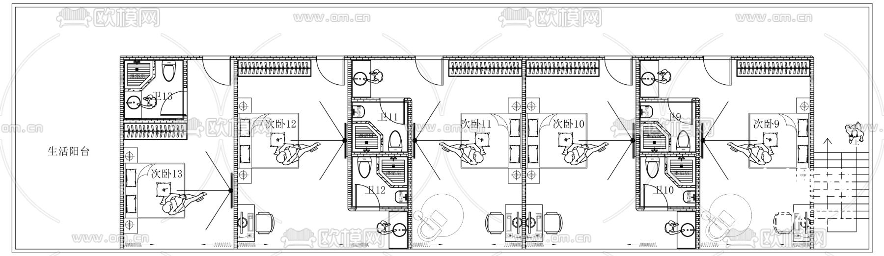 厂区宿舍楼cad平面图下载（渲染图2）