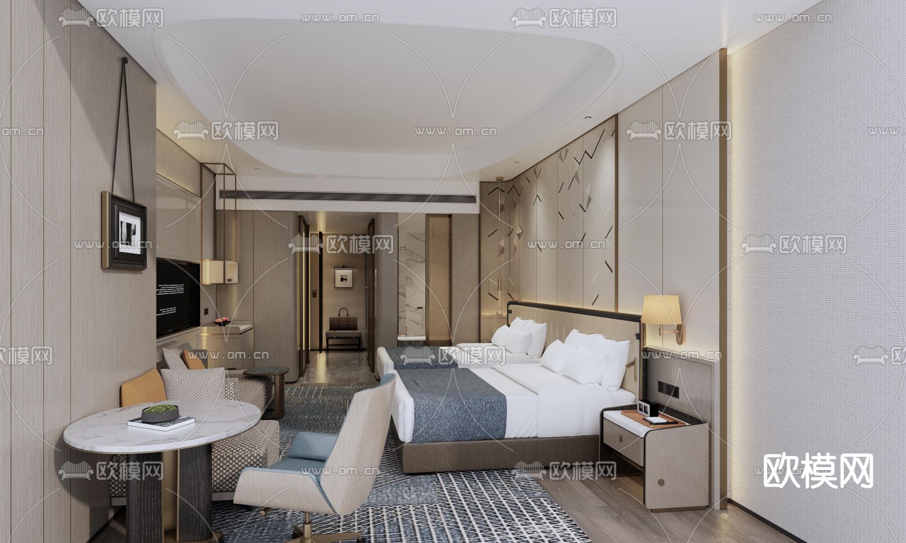 现代酒店客房su模型下载（渲染图2）