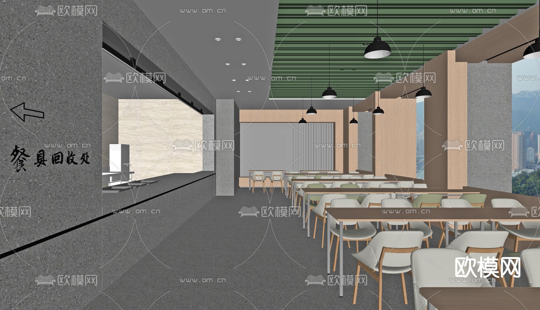 现代员工餐厅su模型下载（渲染图1）