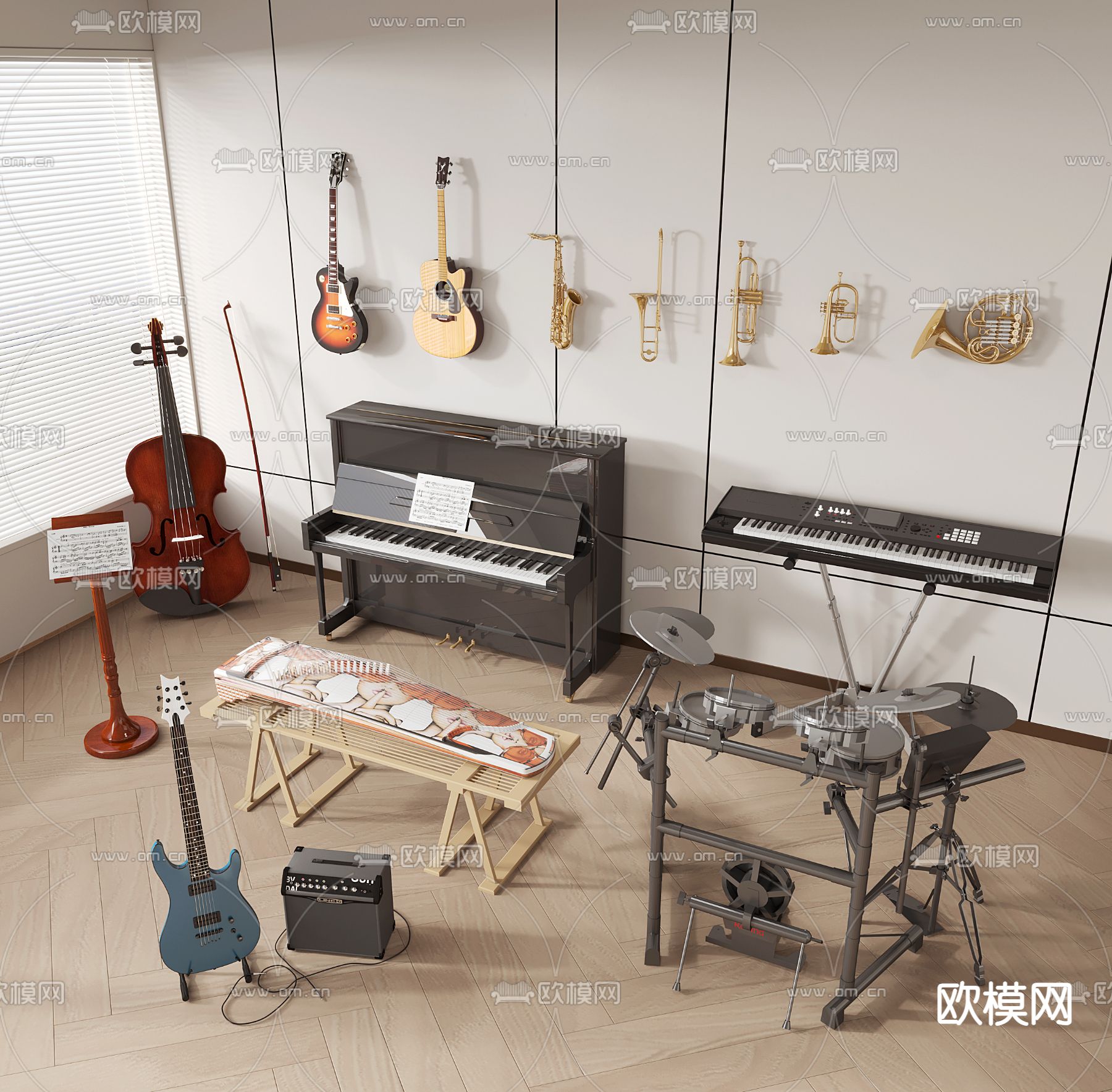 现代乐器 钢琴 小提琴su模型下载（渲染图2）