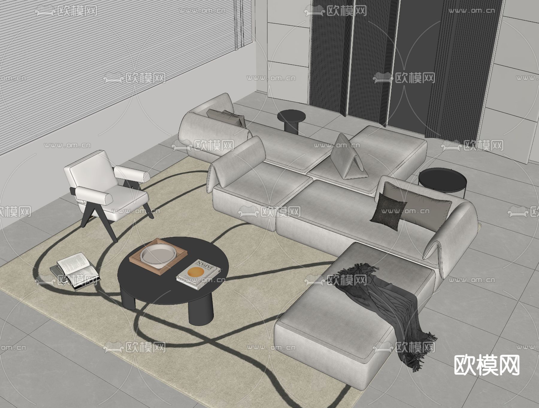奶油风组合沙发su模型下载（渲染图1）