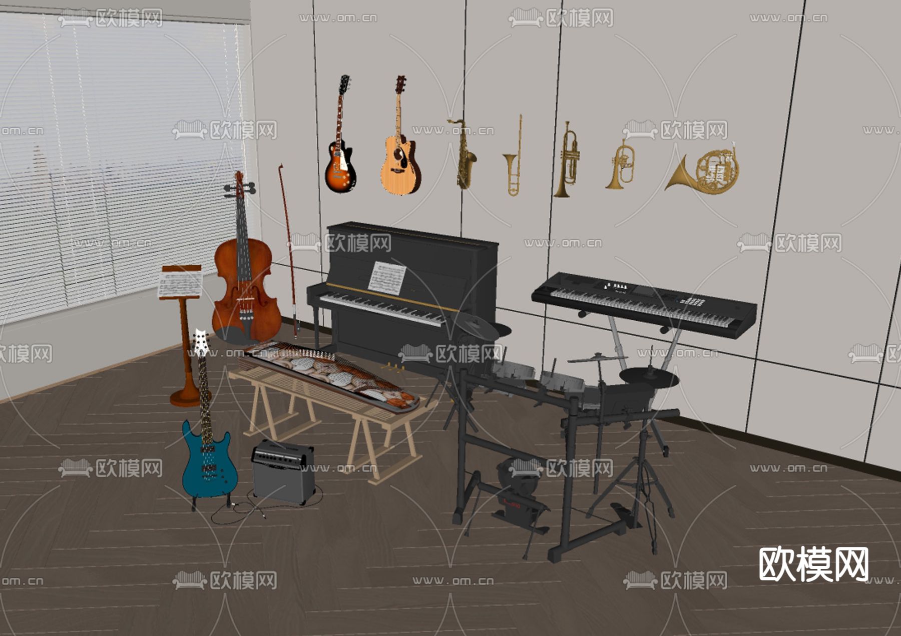 现代乐器 钢琴 小提琴su模型下载（渲染图1）