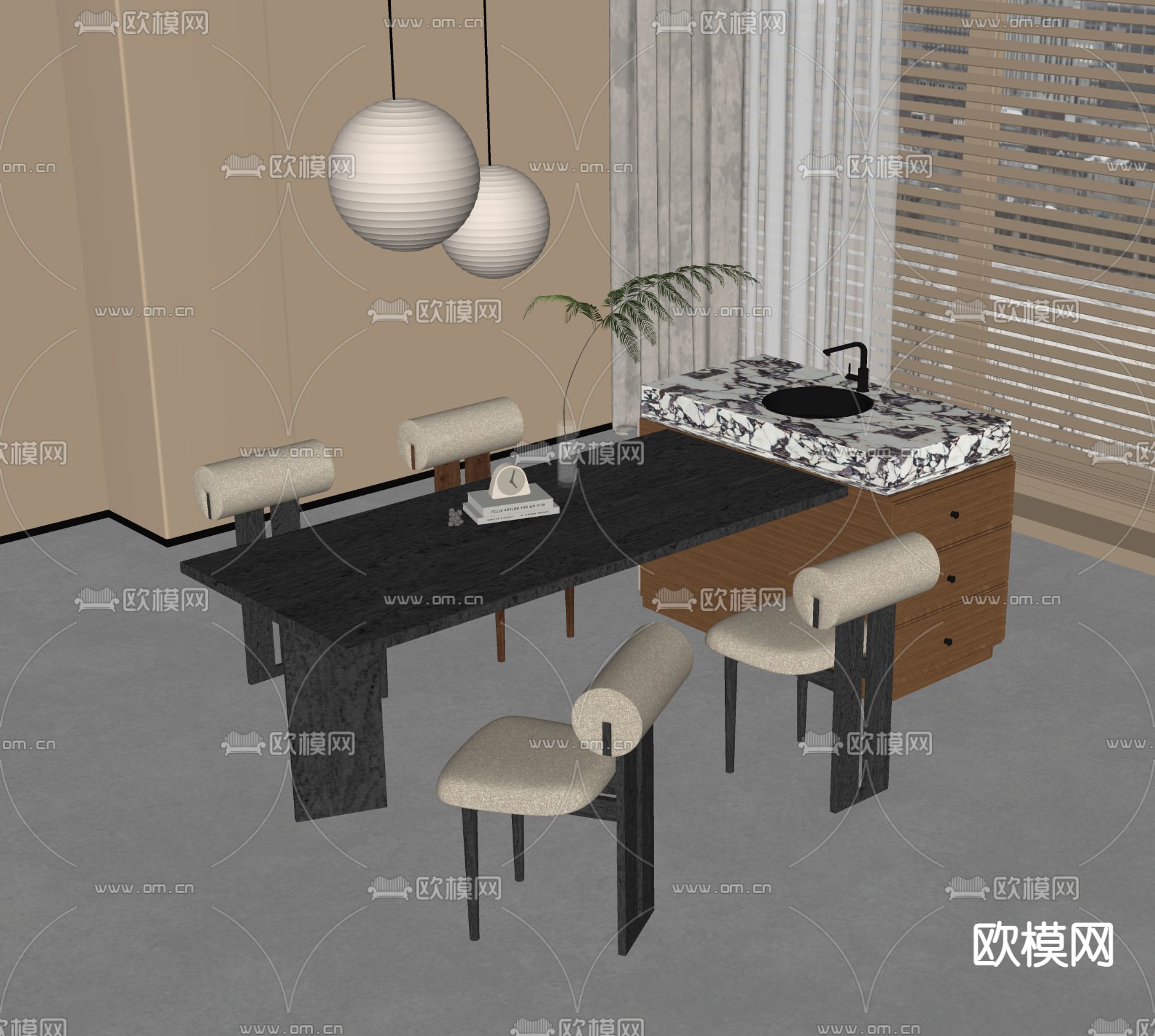 现代餐桌椅su模型下载（渲染图1）