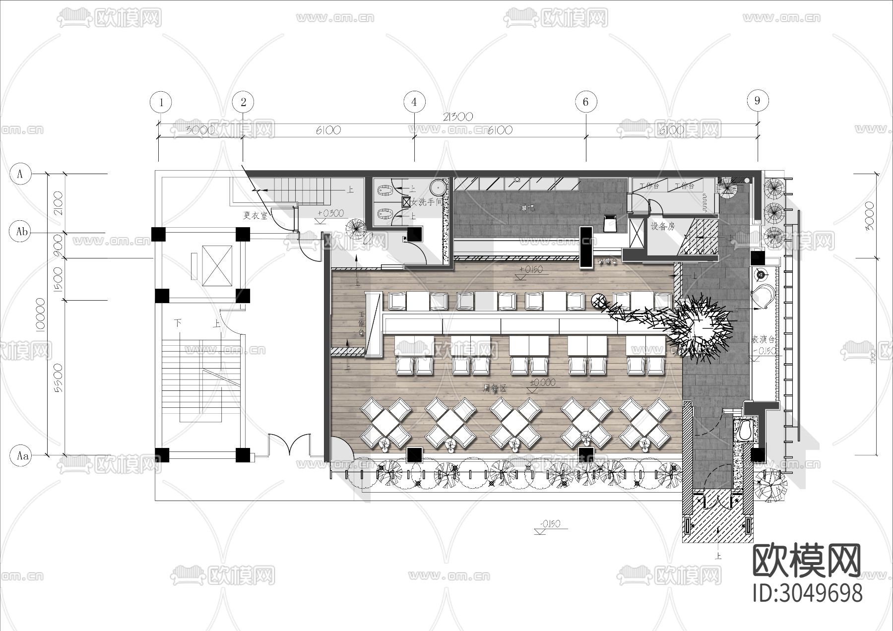 150㎡清吧餐厅cad平面图下载（渲染图1）