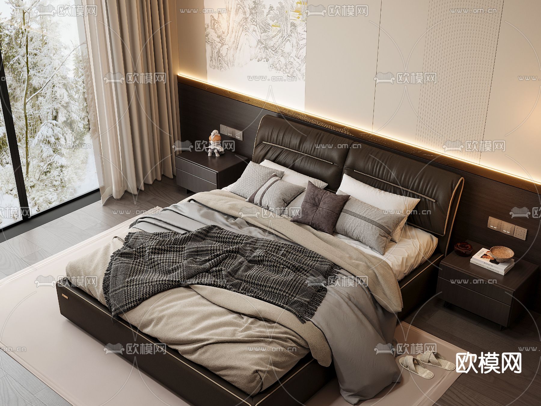 皮革双人床3d模型下载