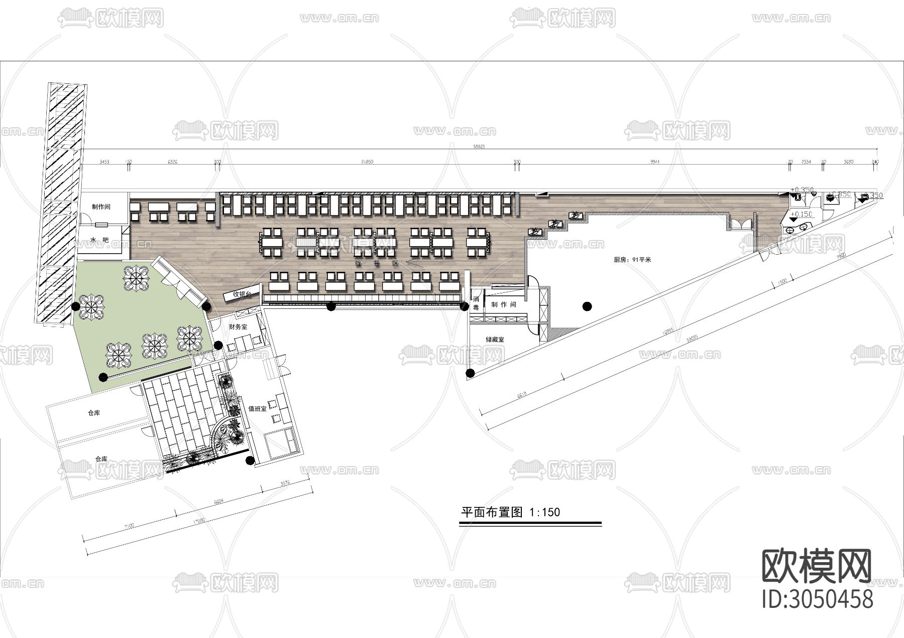 800㎡咖啡馆cad平面图下载（渲染图2）