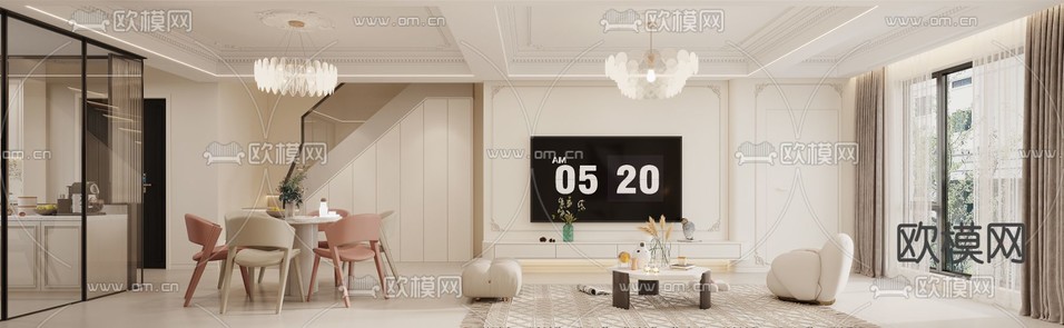 奶油风客厅 餐厅免费3d模型下载_ID15073090_3dmax免费模型-欧模网