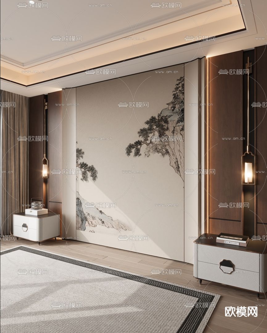 新中式背景墙 床头背景3d模型下载（渲染图2）