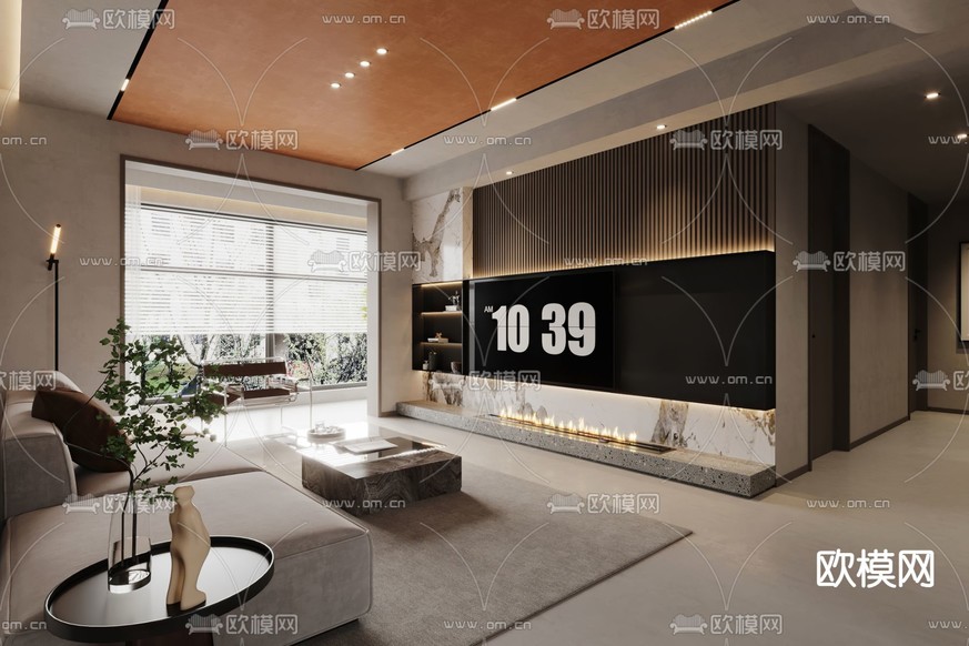 现代客厅 电视背景3d模型下载(渲染图2)