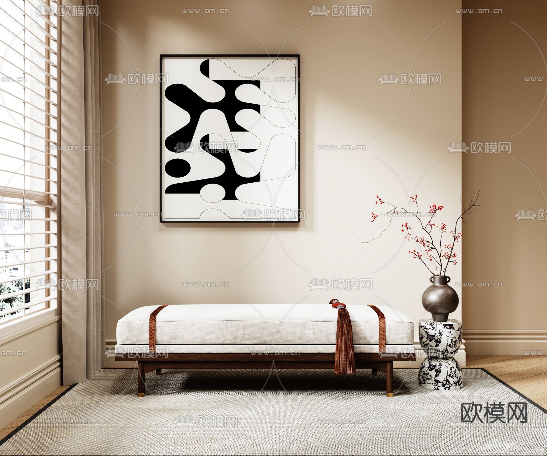 新中式换鞋凳su模型下载（渲染图2）