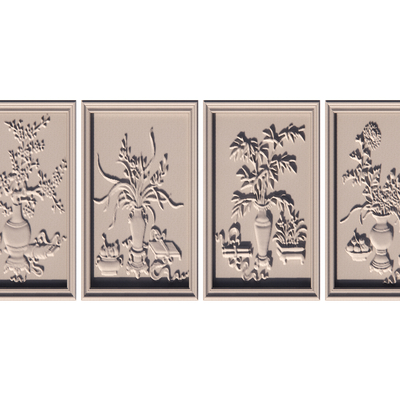  中式梅兰竹菊 墙面 雕花 浮雕画su模型 