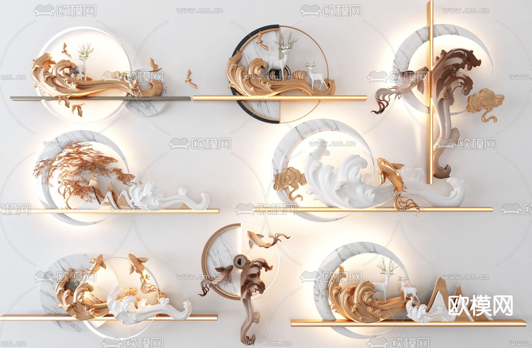 新中式墙饰 挂饰 壁画灯3d模型下载