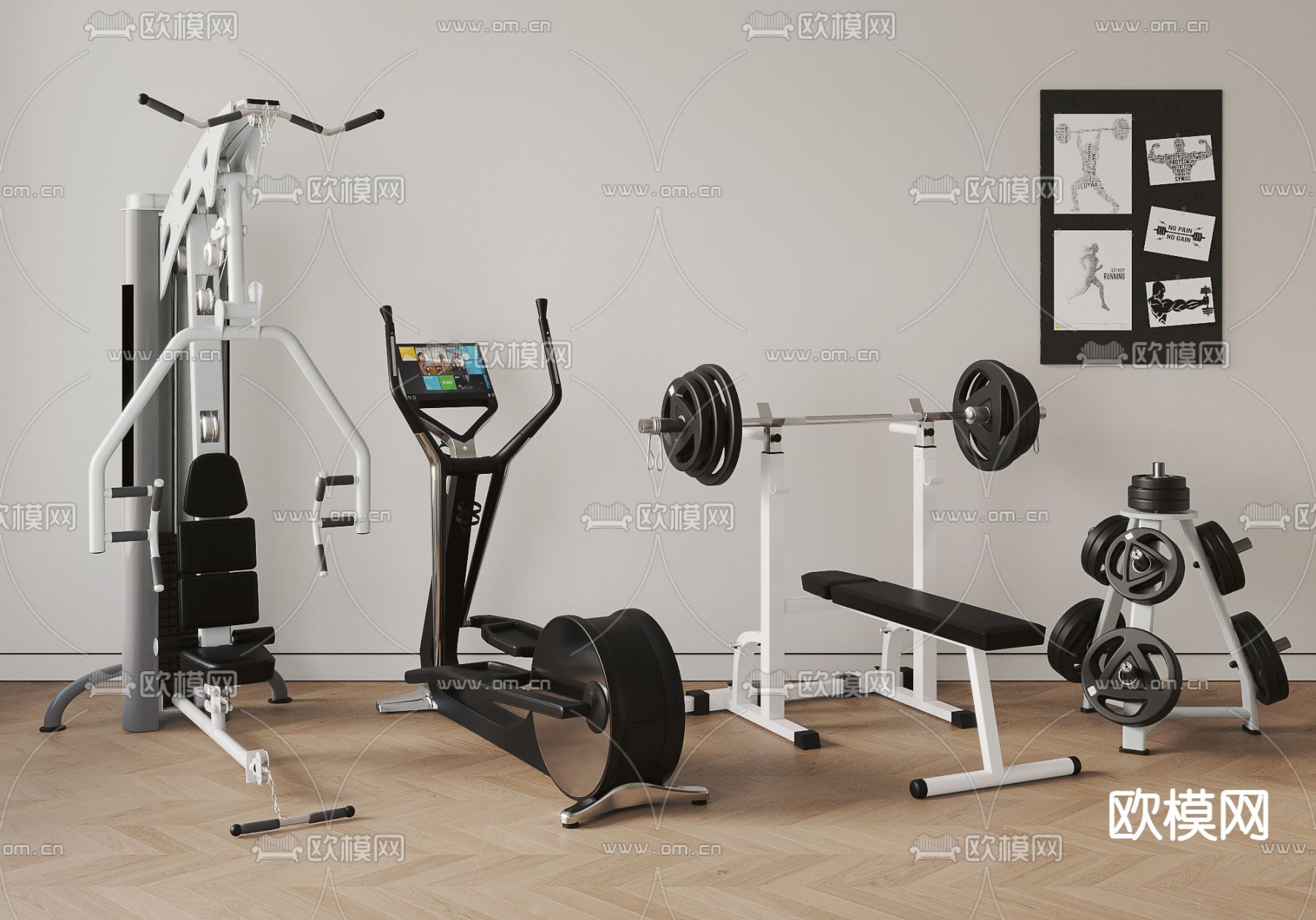 健身器材 椭圆仪 哑铃 杠铃卧推床3d模型下载