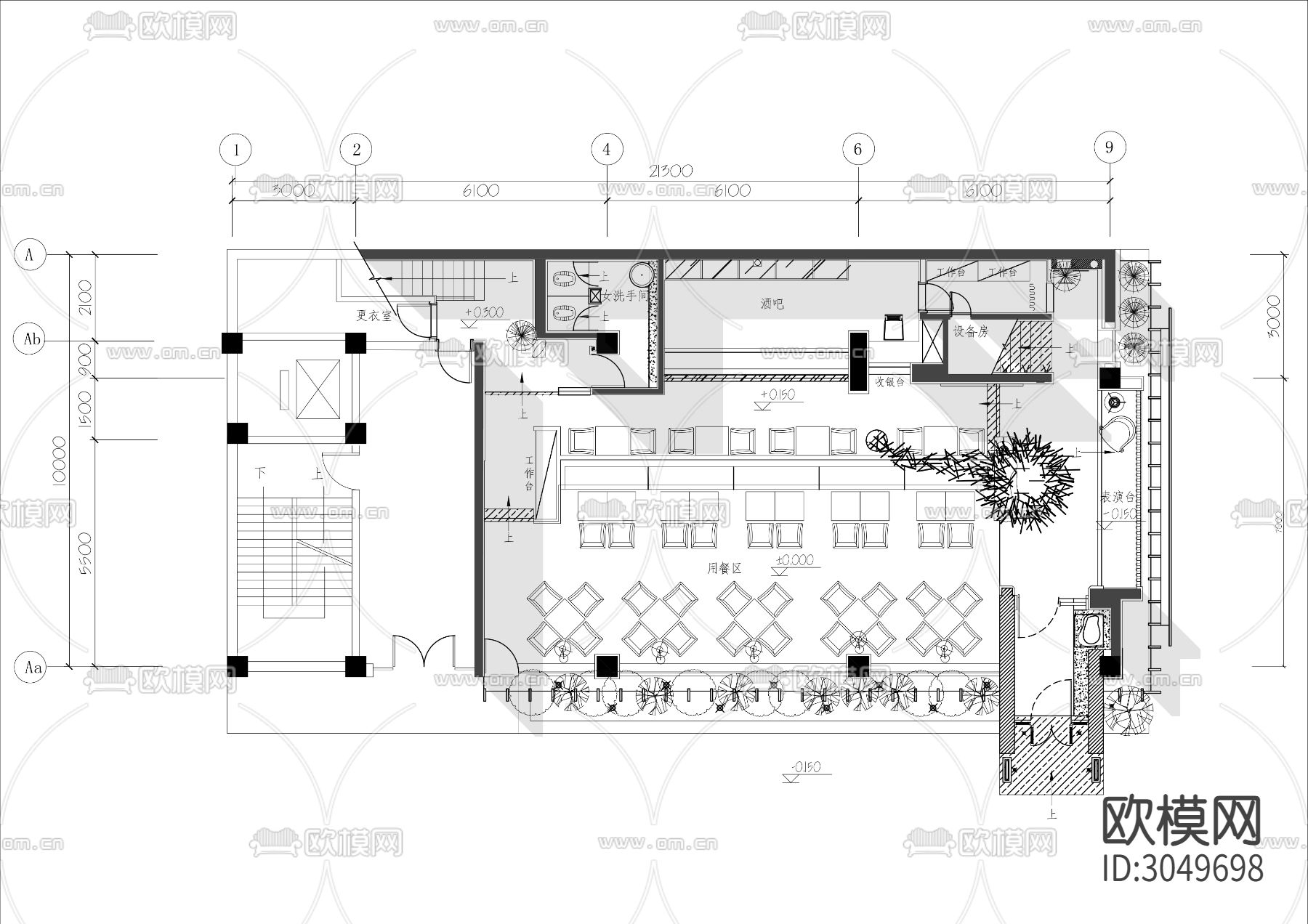 150㎡清吧餐厅cad平面图下载（渲染图2）