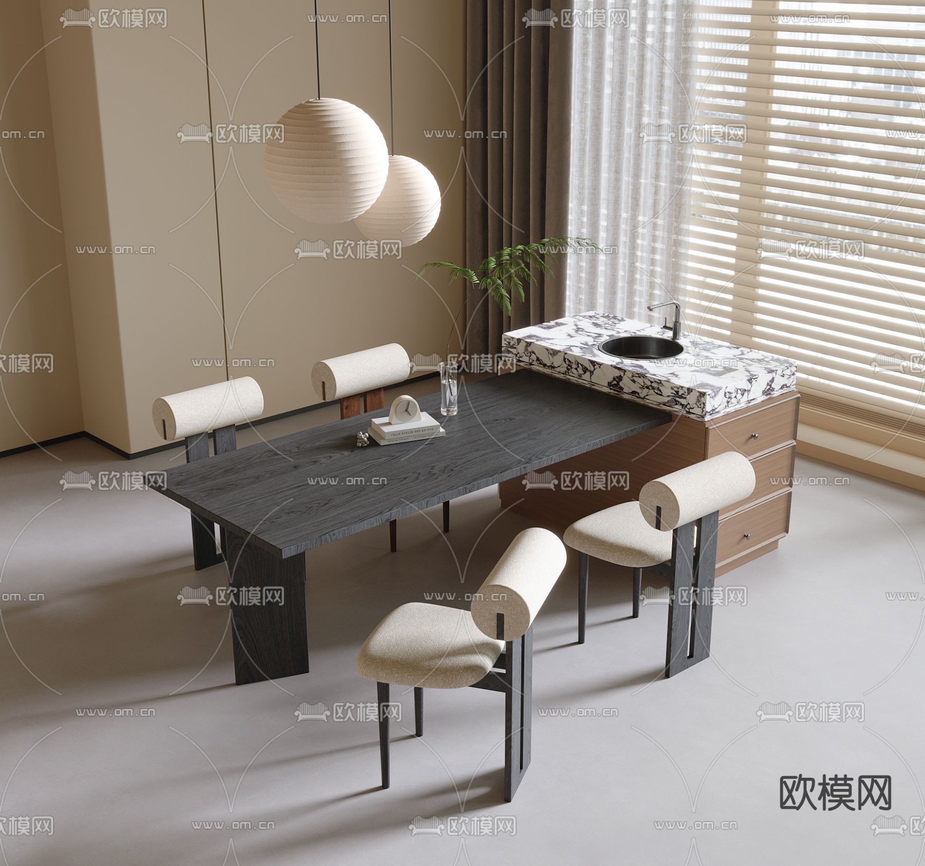 现代餐桌椅su模型下载（渲染图2）