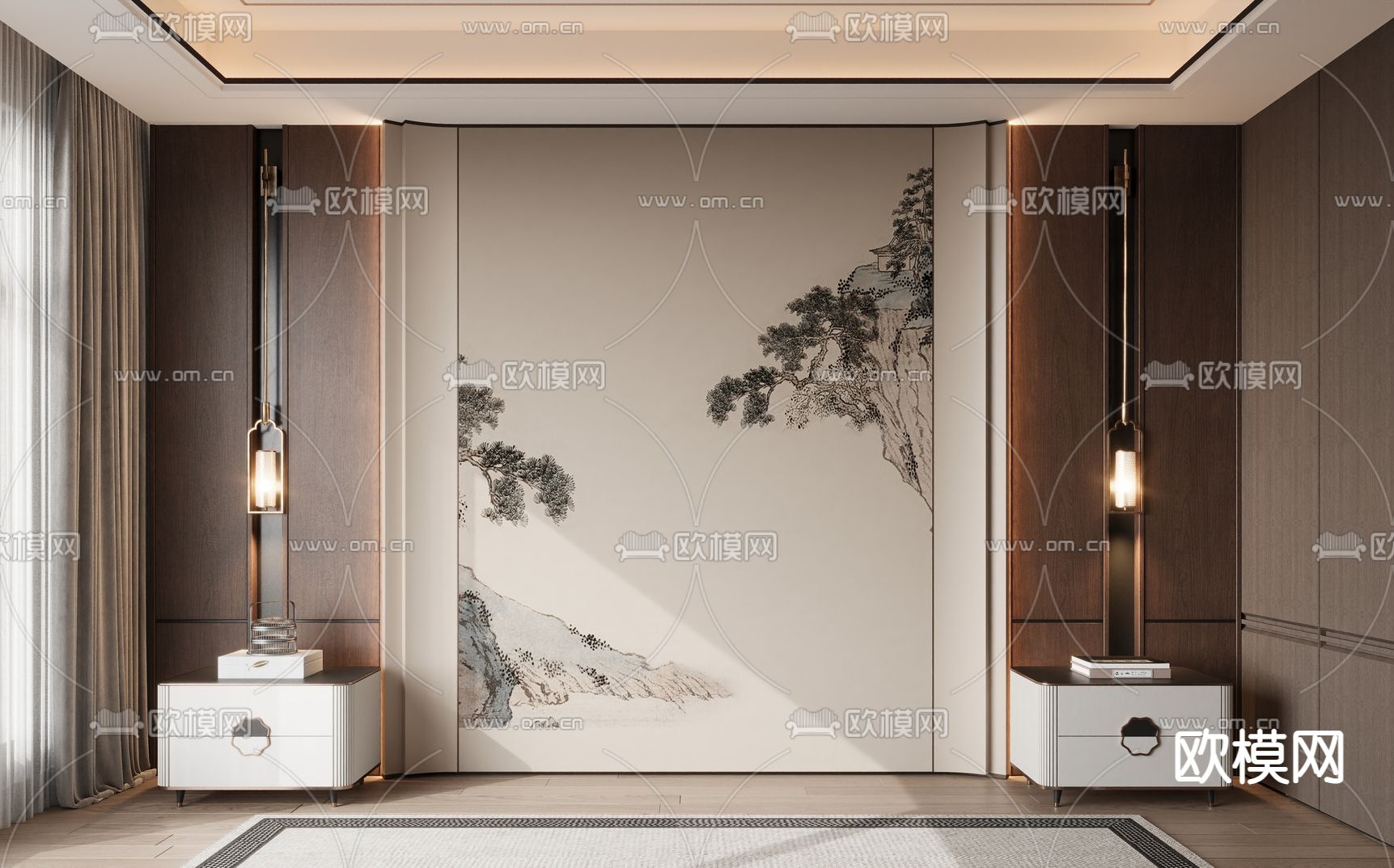 新中式背景墙 床头背景3d模型下载（渲染图1）