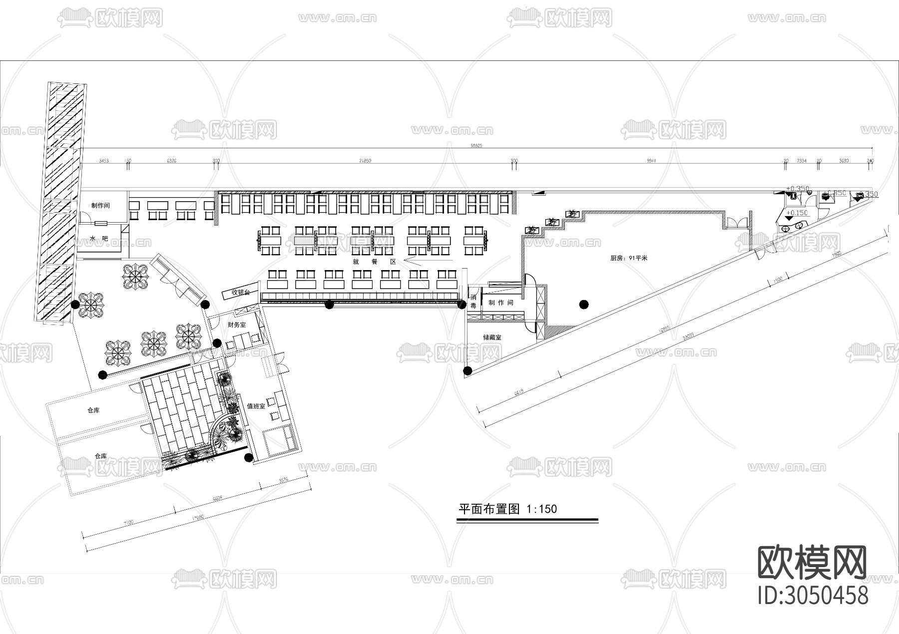 800㎡咖啡馆cad平面图下载（渲染图1）