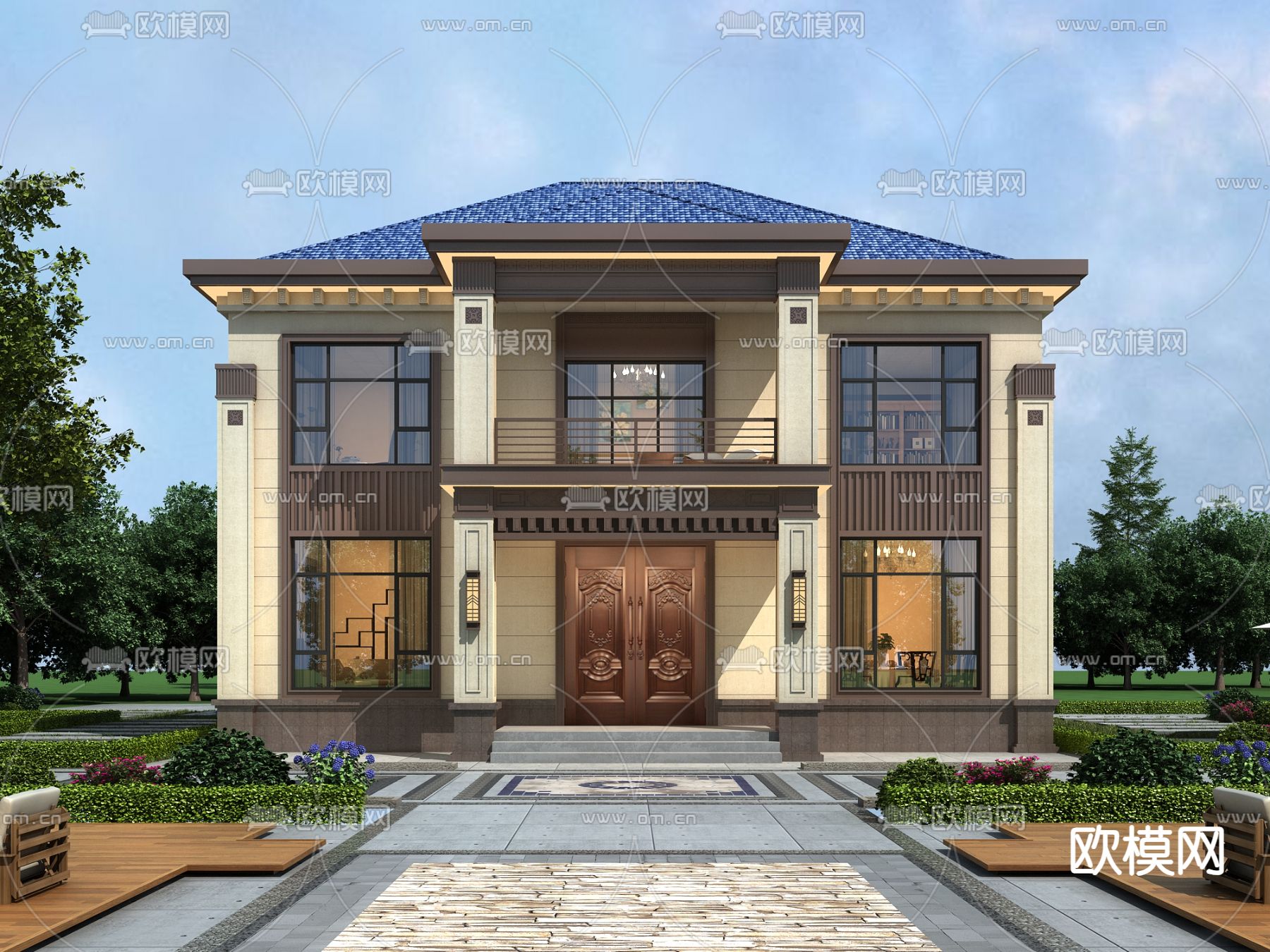 新中式别墅外观3d模型下载