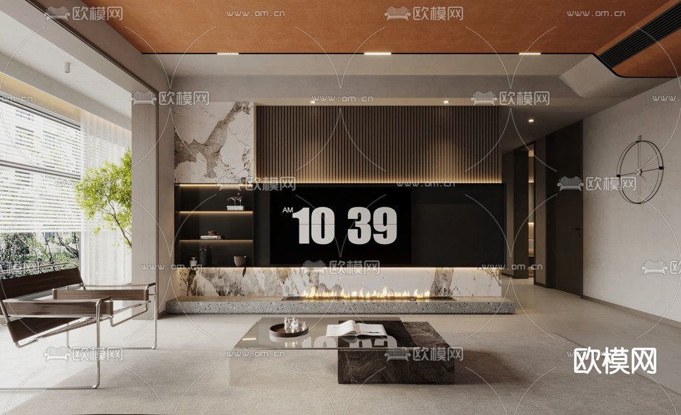 现代客厅 电视背景3d模型下载(渲染图1)