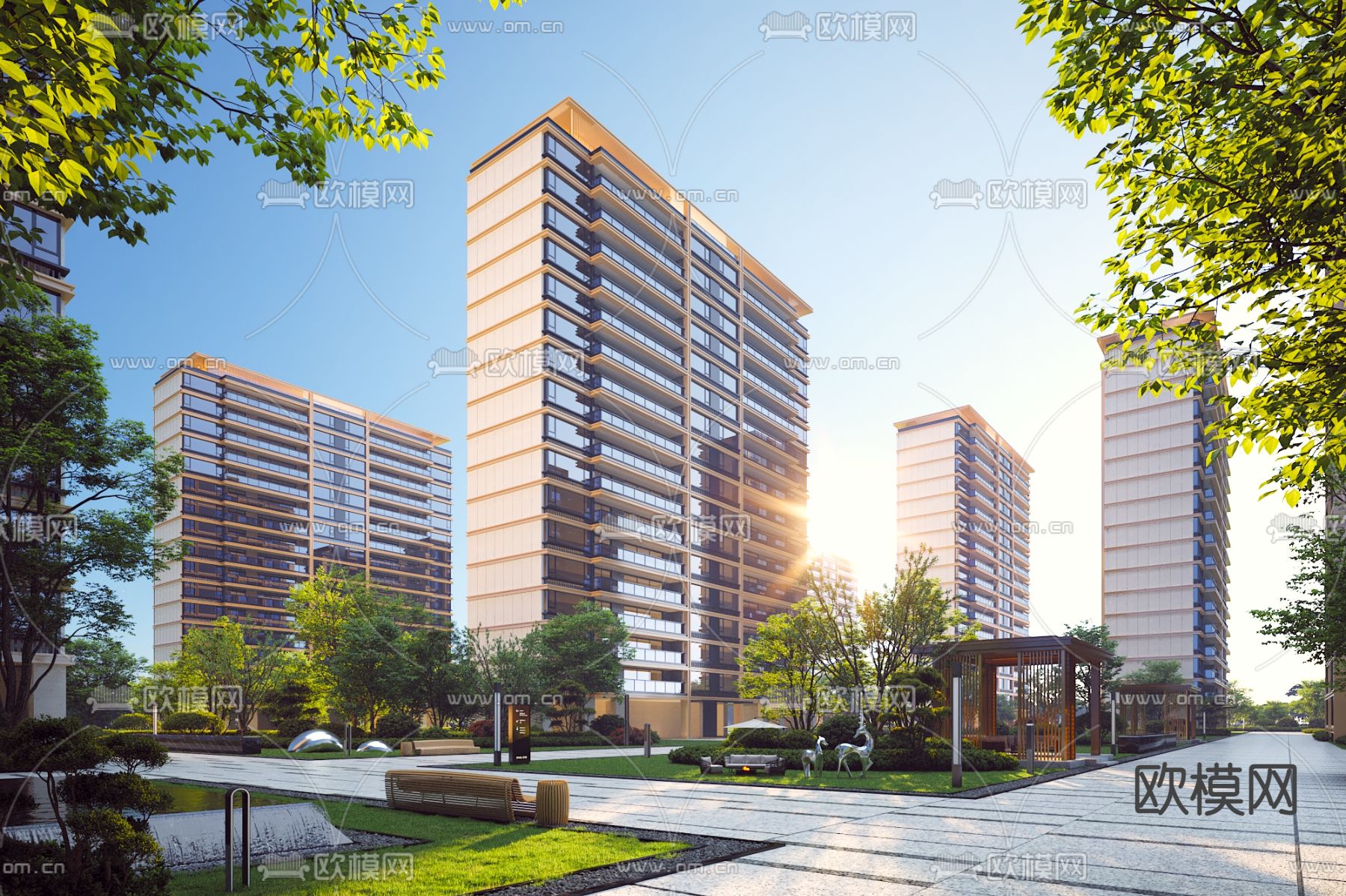 小区景观 花园 住宅楼外观3d模型下载