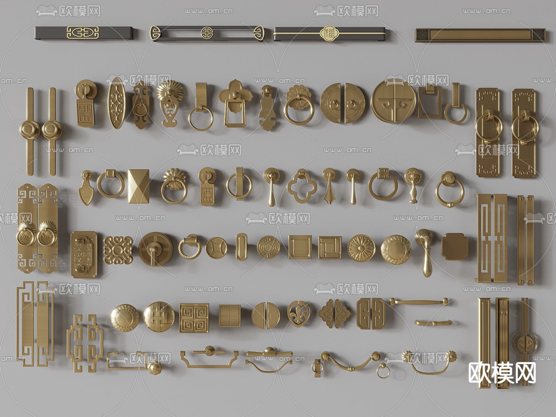 中式门把手 雕花拉手 铜环3d模型下载