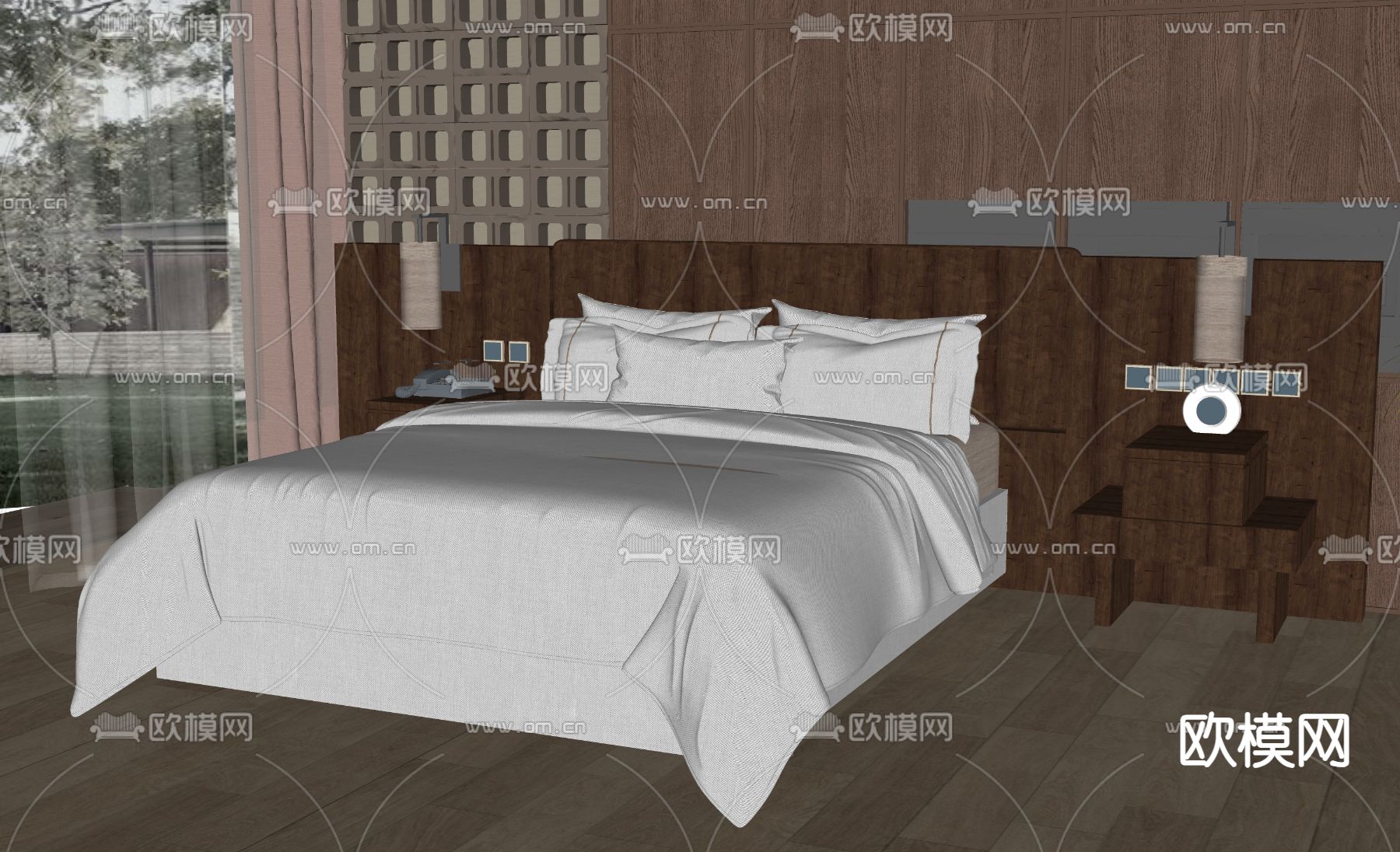 中式双人床su模型下载（渲染图1）