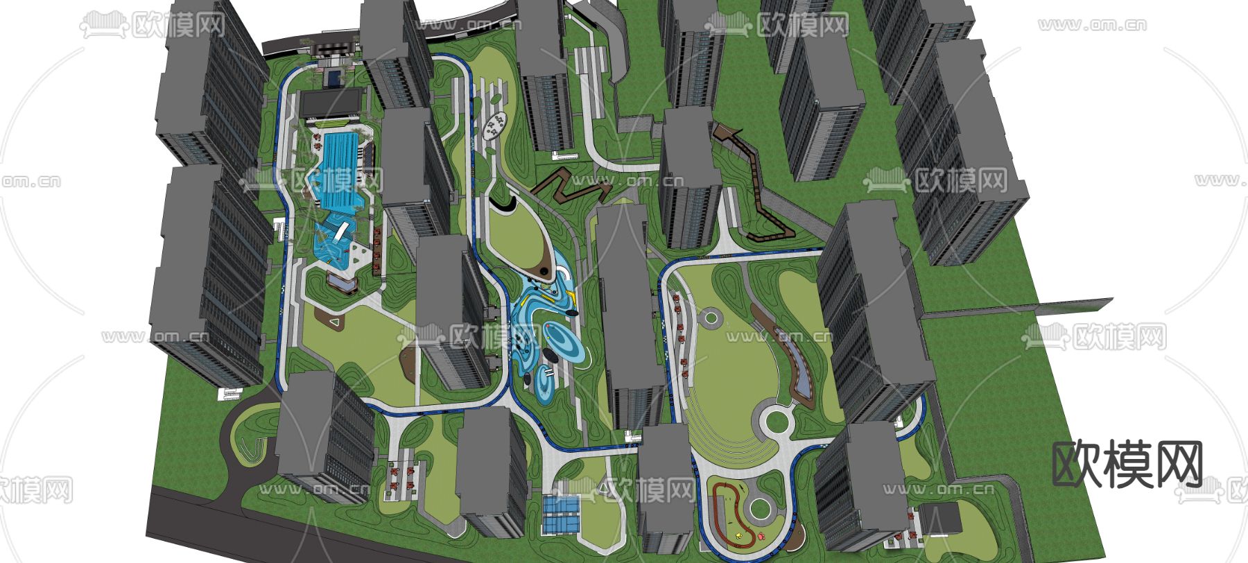 现代小区鸟瞰su模型下载（渲染图1）