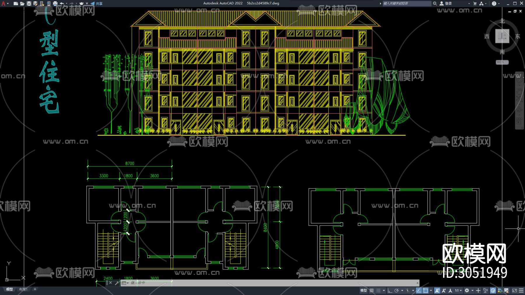 住宅区建筑 居住建筑 民房 别墅建筑 单元楼 居民住宅cad施工图下载（渲染图7）