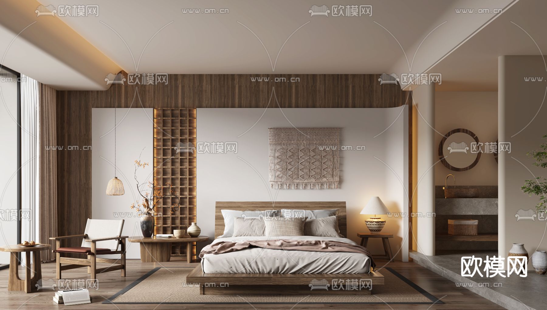 侘寂民宿客房 大床房su模型下载（渲染图2）