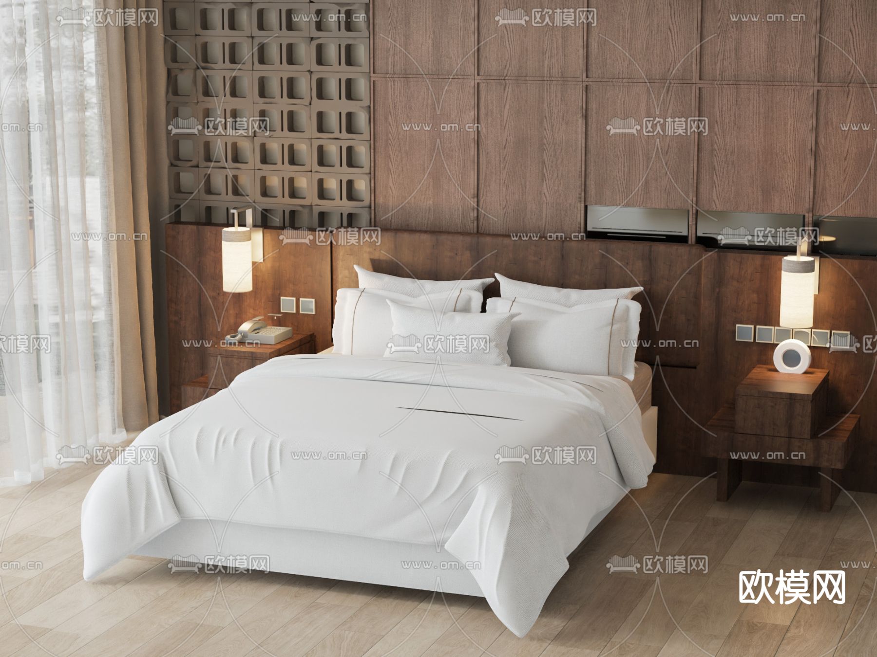 中式双人床su模型下载（渲染图2）