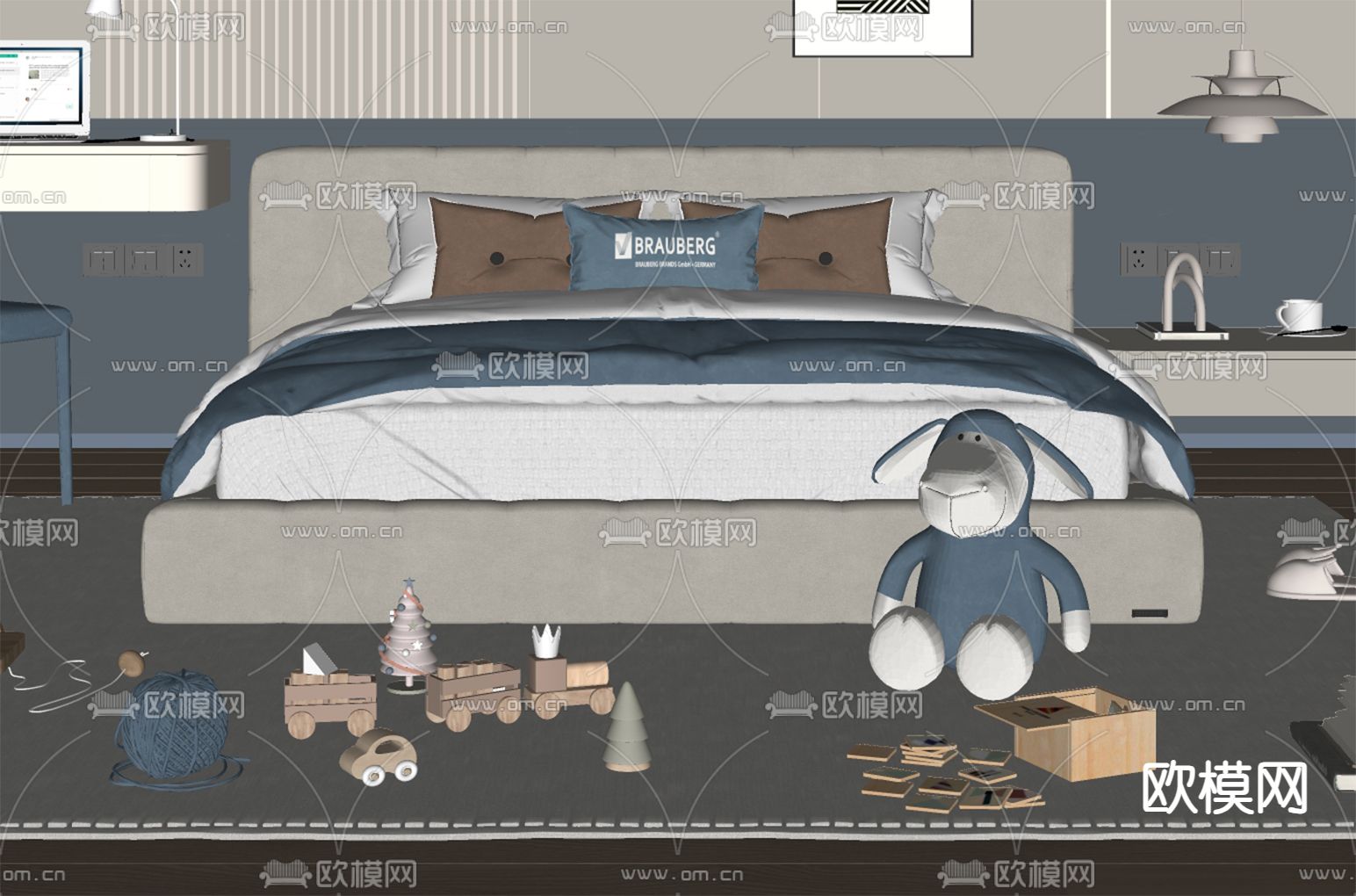 现代儿童床su模型下载（渲染图1）