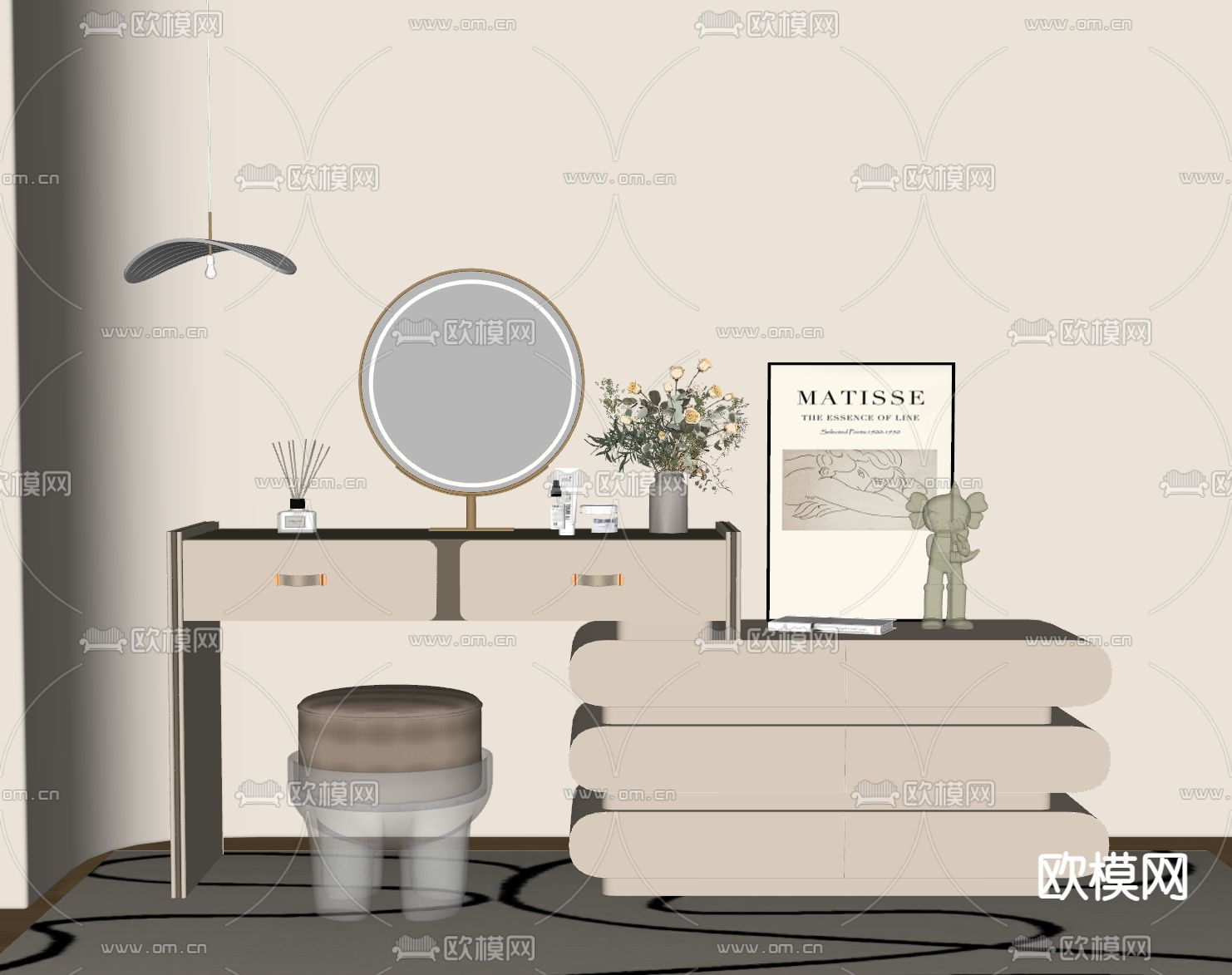奶油风梳妆台su模型下载（渲染图1）