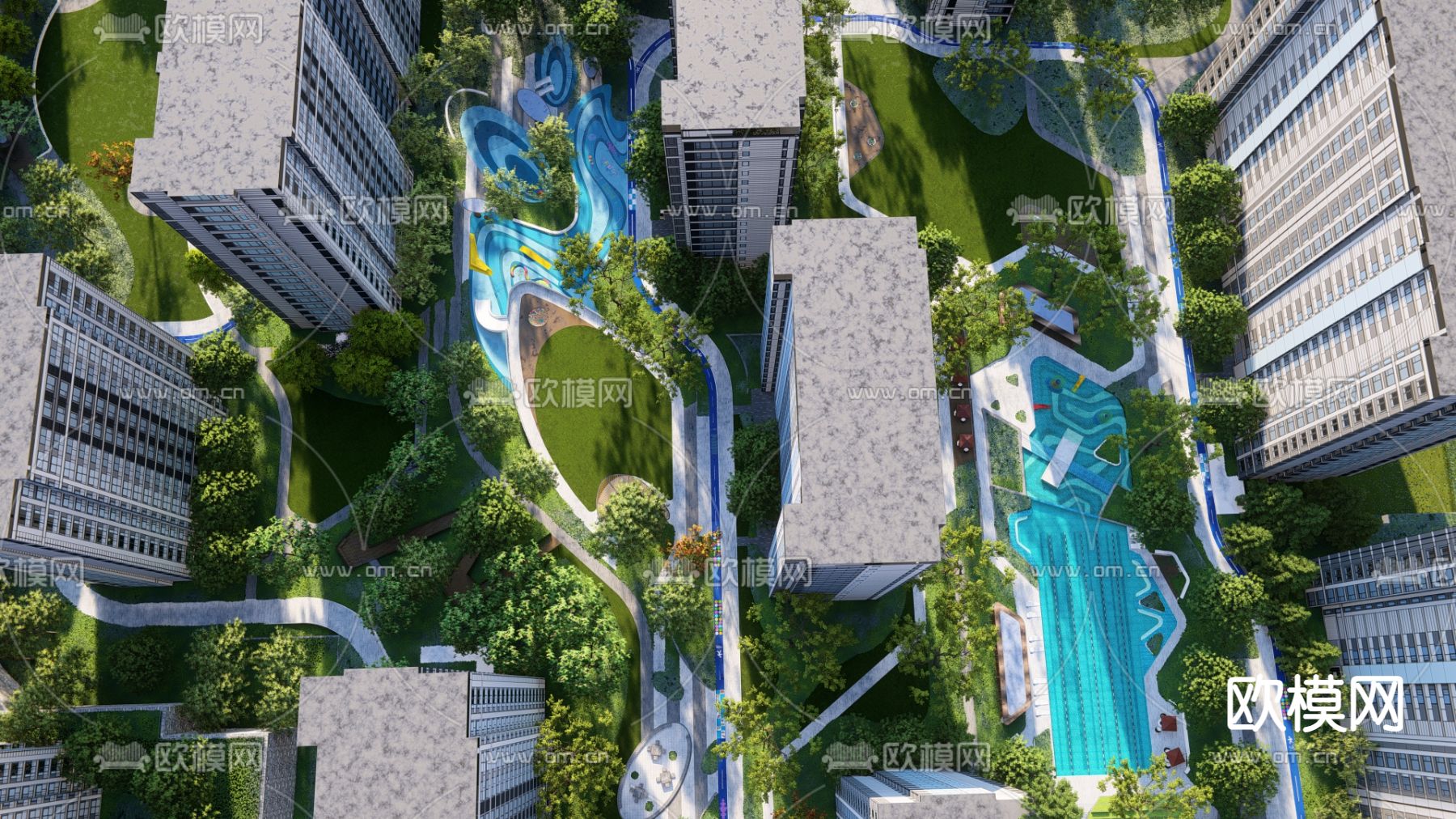 现代小区鸟瞰su模型下载（渲染图2）