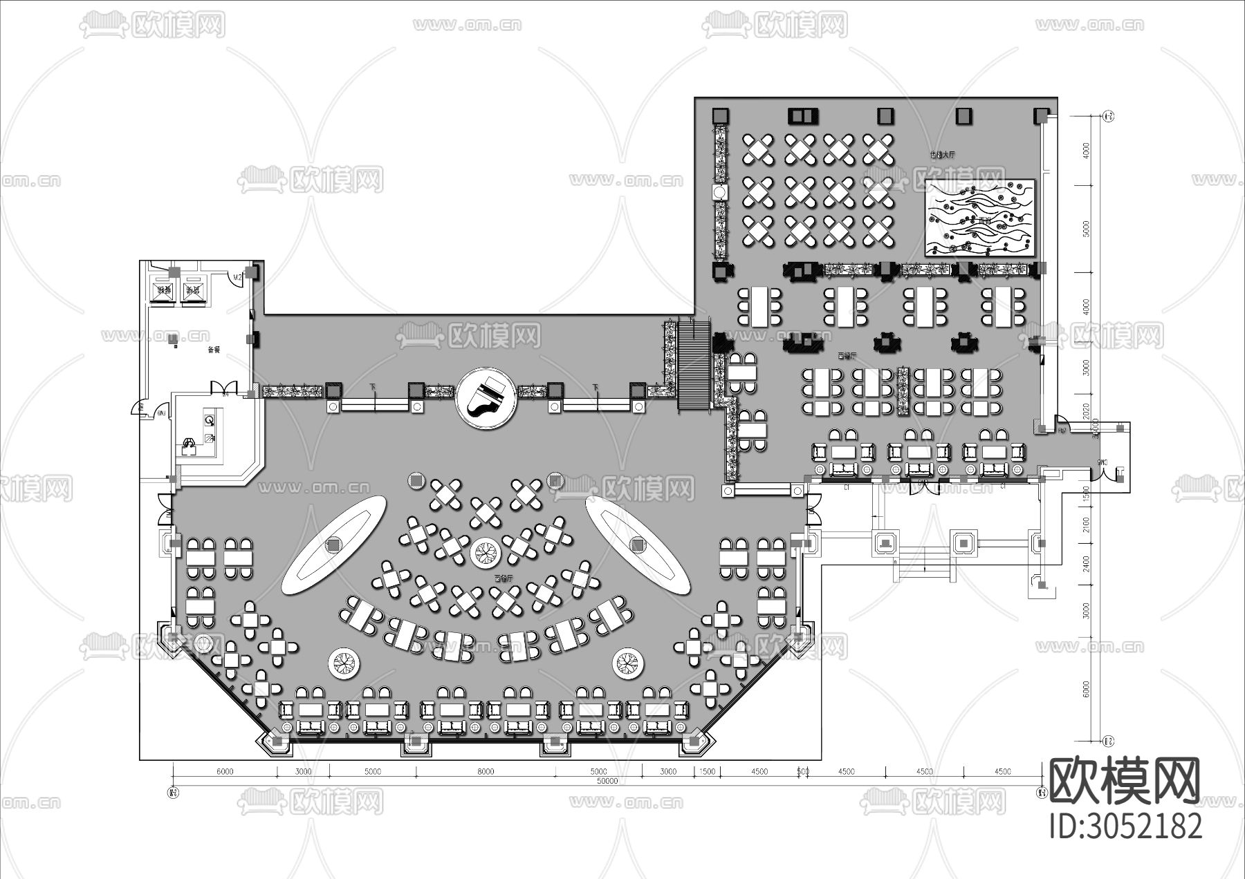 1500㎡音乐西餐厅cad平面图下载（渲染图1）