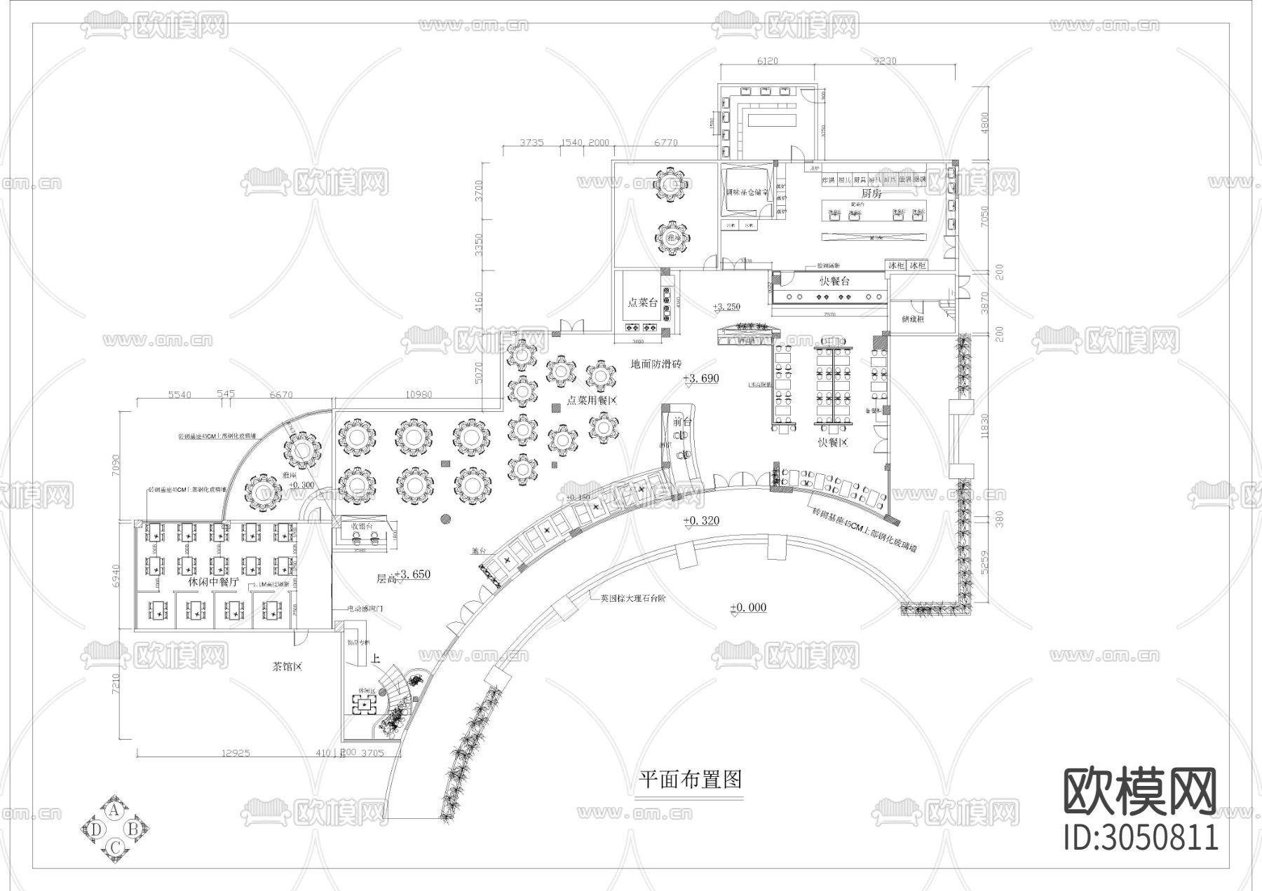 950㎡餐厅 餐饮空间cad施工图下载（渲染图1）