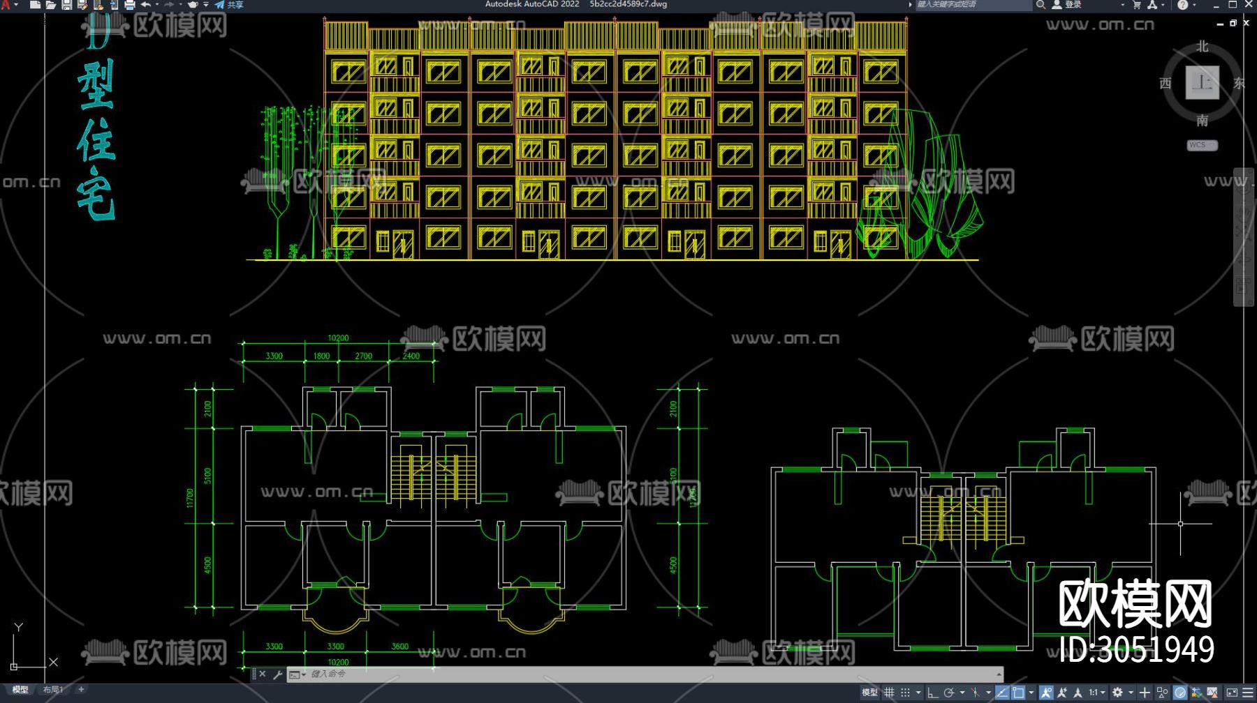 住宅区建筑 居住建筑 民房 别墅建筑 单元楼 居民住宅cad施工图下载（渲染图3）