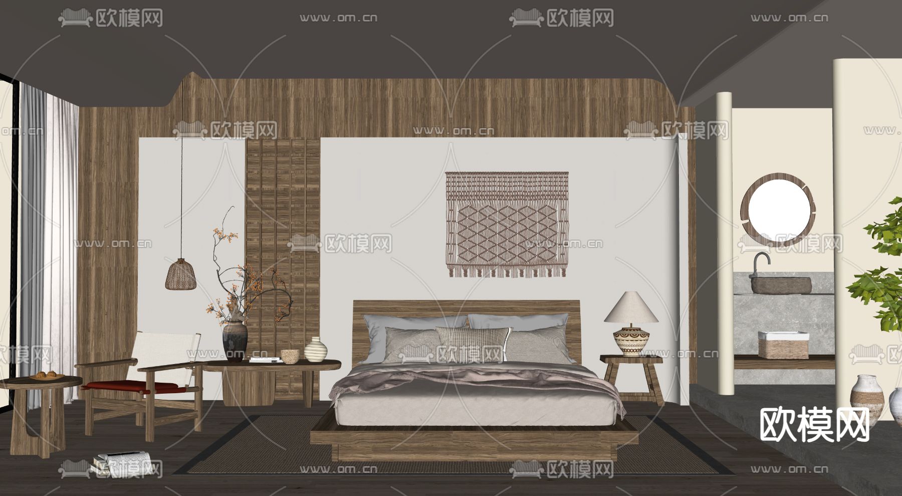 侘寂民宿客房 大床房su模型下载（渲染图1）