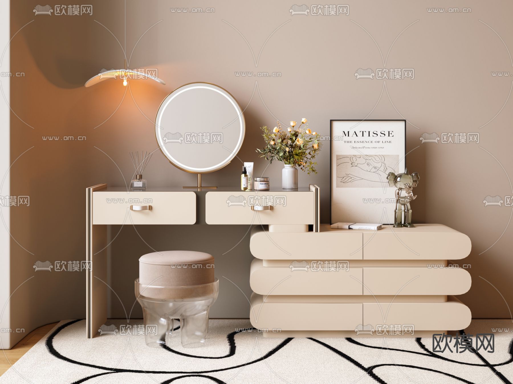 奶油风梳妆台su模型下载（渲染图2）