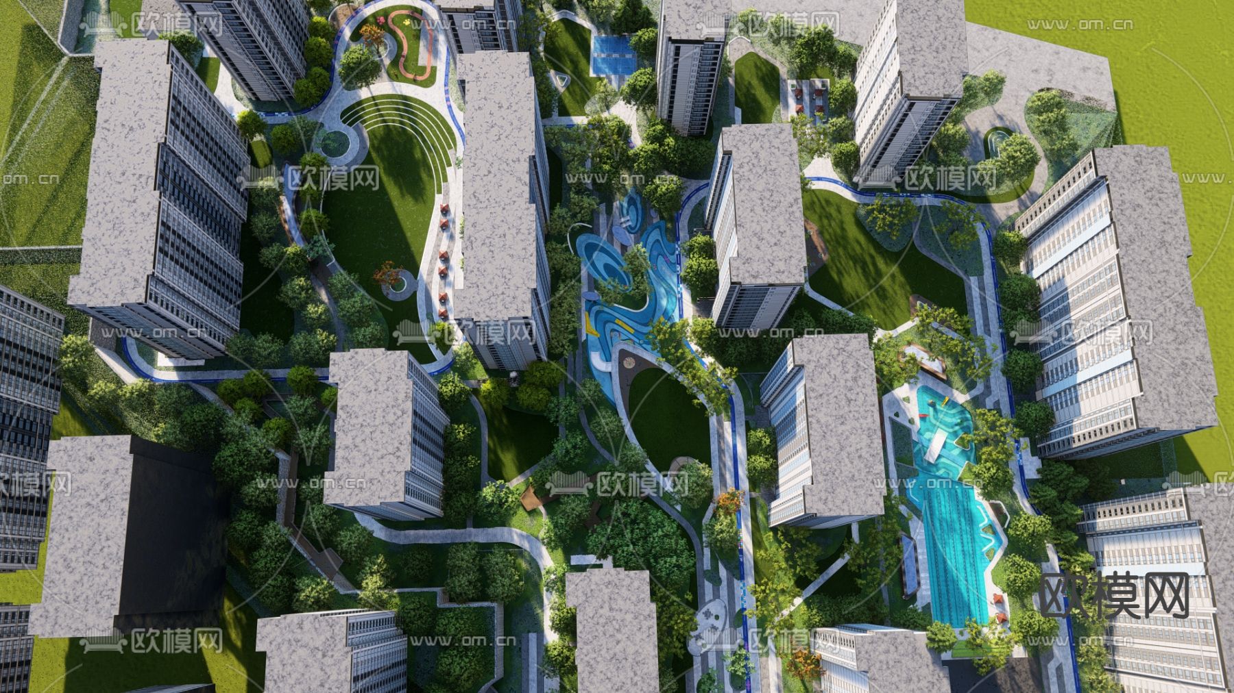 现代小区鸟瞰su模型下载（渲染图3）