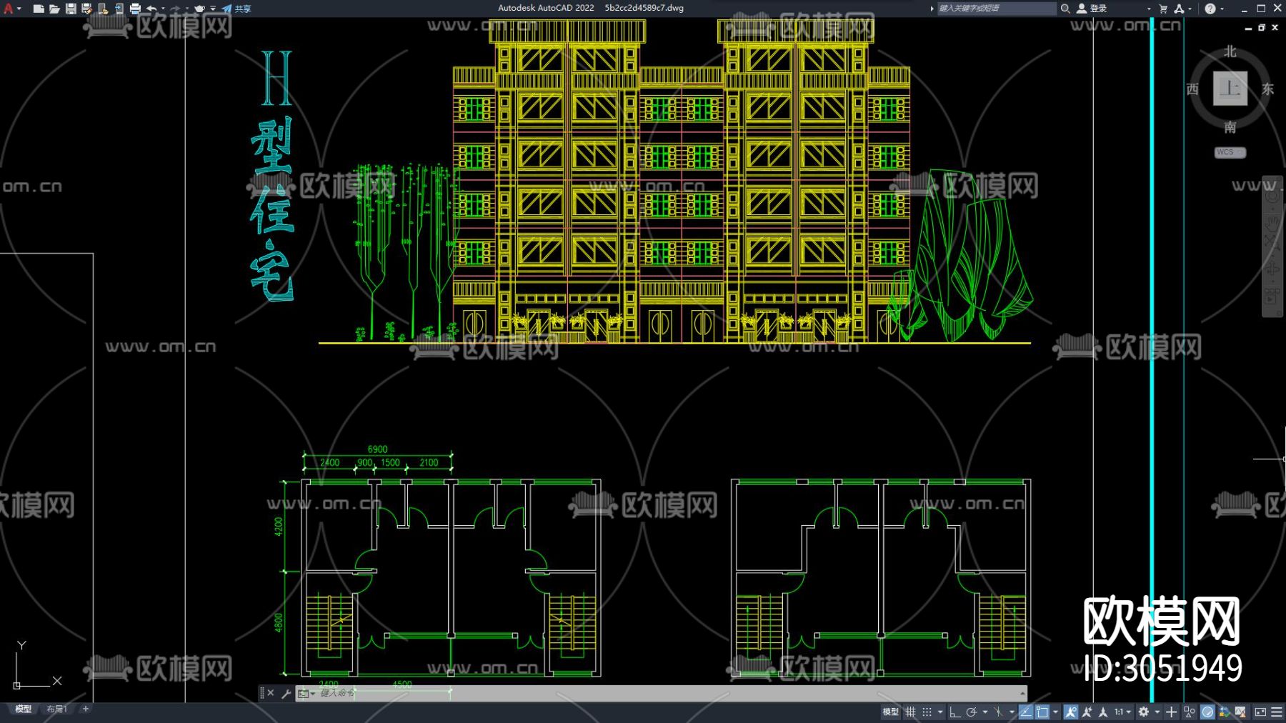 住宅区建筑 居住建筑 民房 别墅建筑 单元楼 居民住宅cad施工图下载（渲染图4）