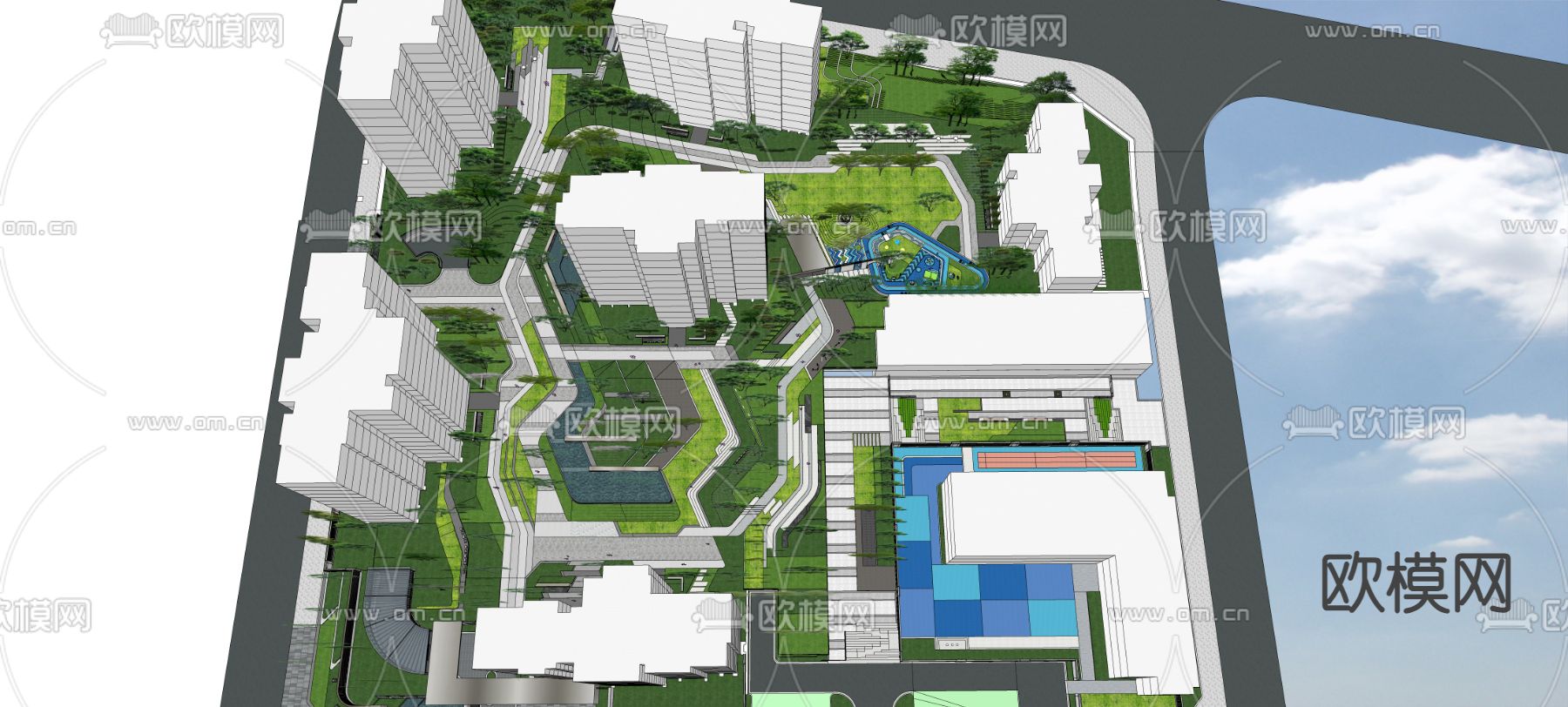 现代小区鸟瞰su模型下载（渲染图1）
