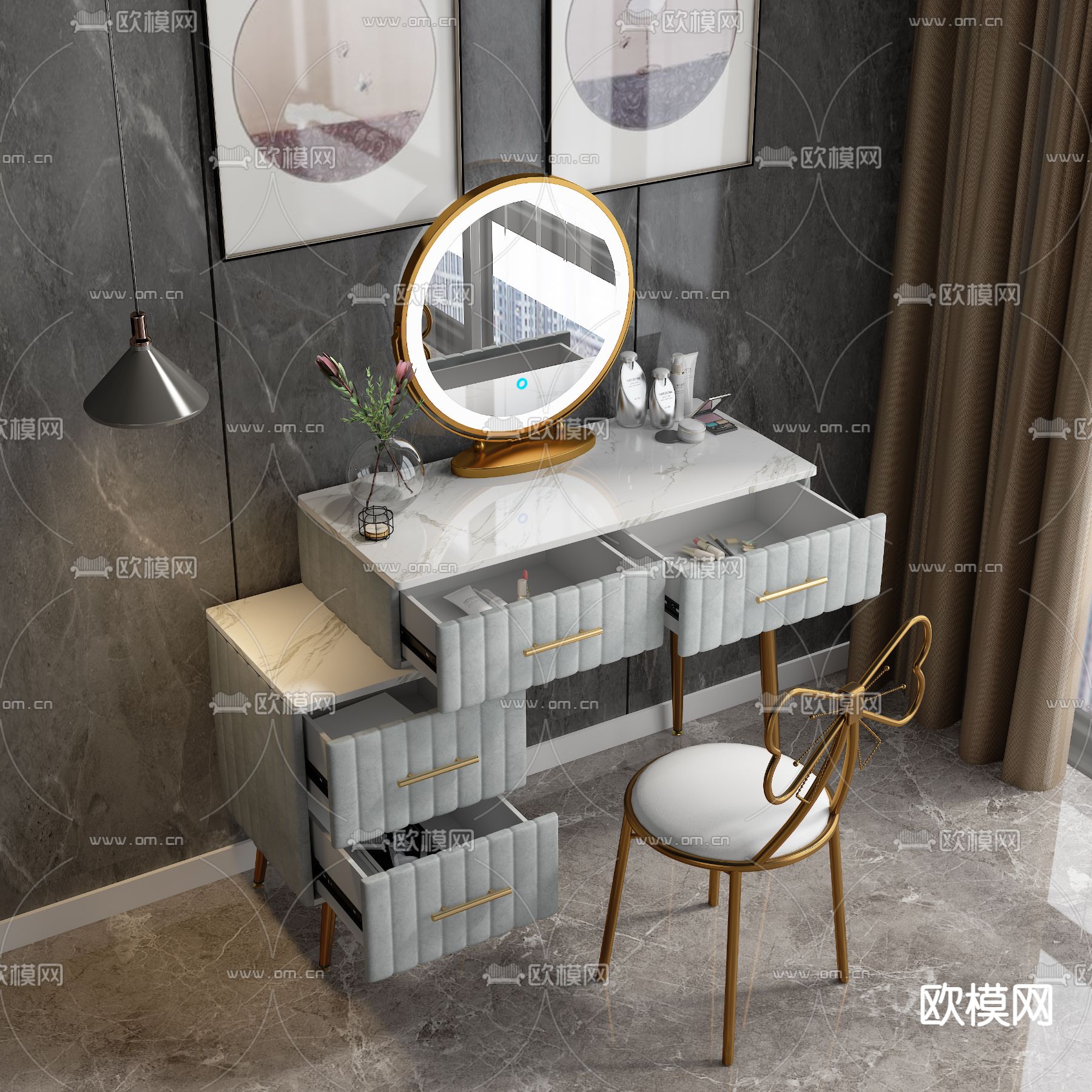 轻奢梳妆台 化妆桌3d模型下载