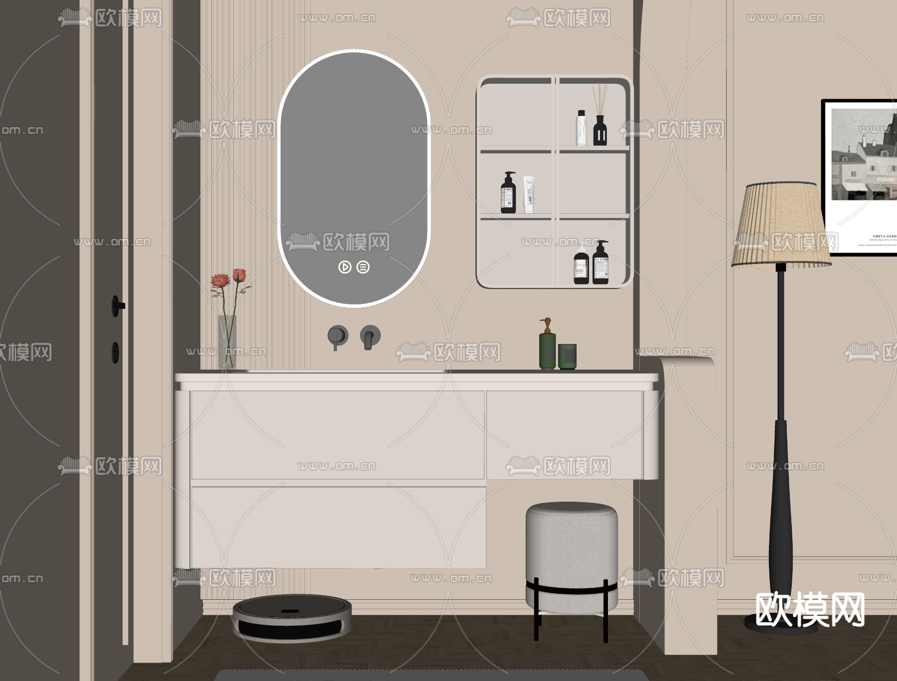 奶油风浴室柜 洗手柜su模型下载（渲染图1）