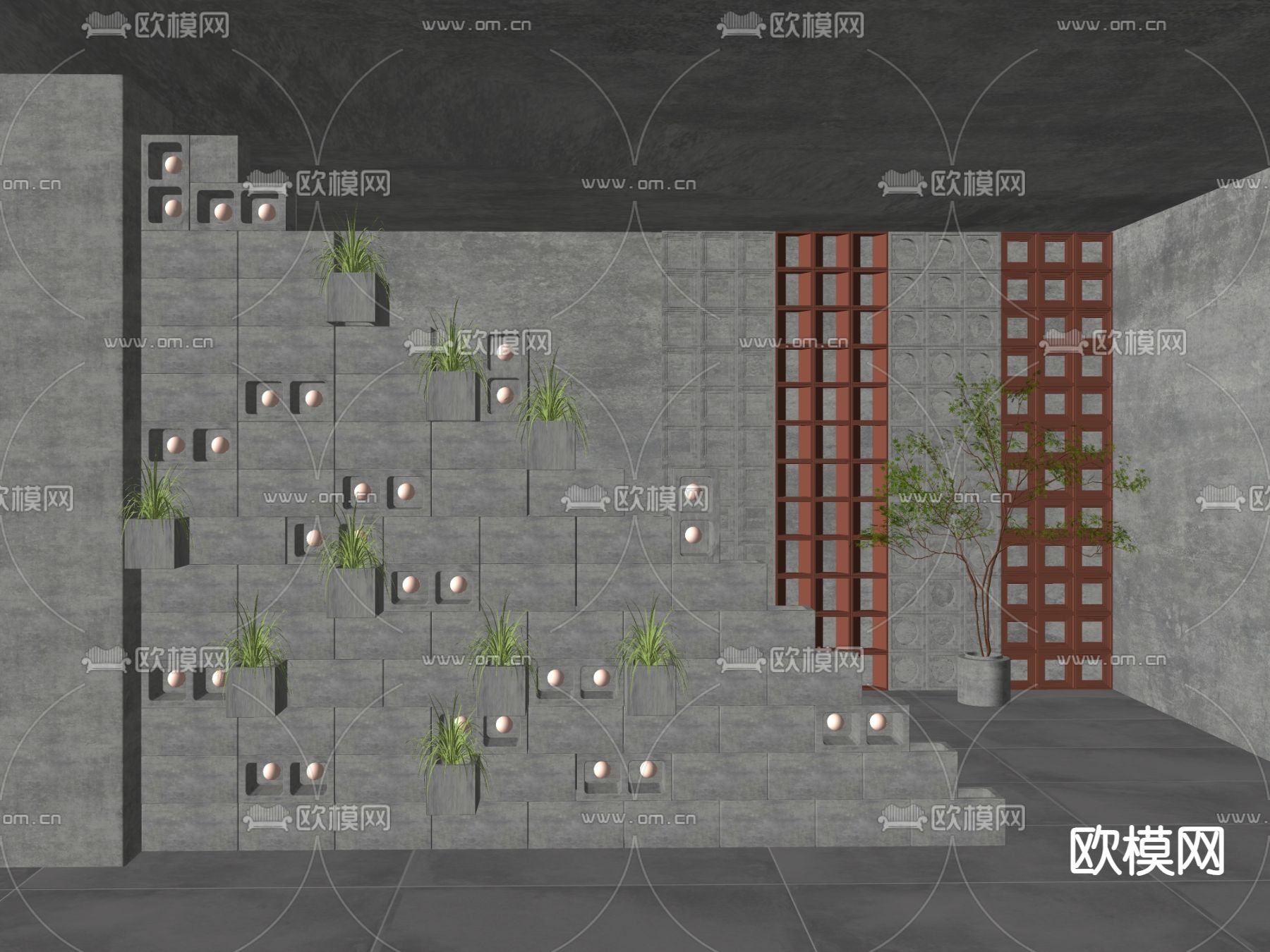 现代空心砖景墙 围墙隔断su模型下载