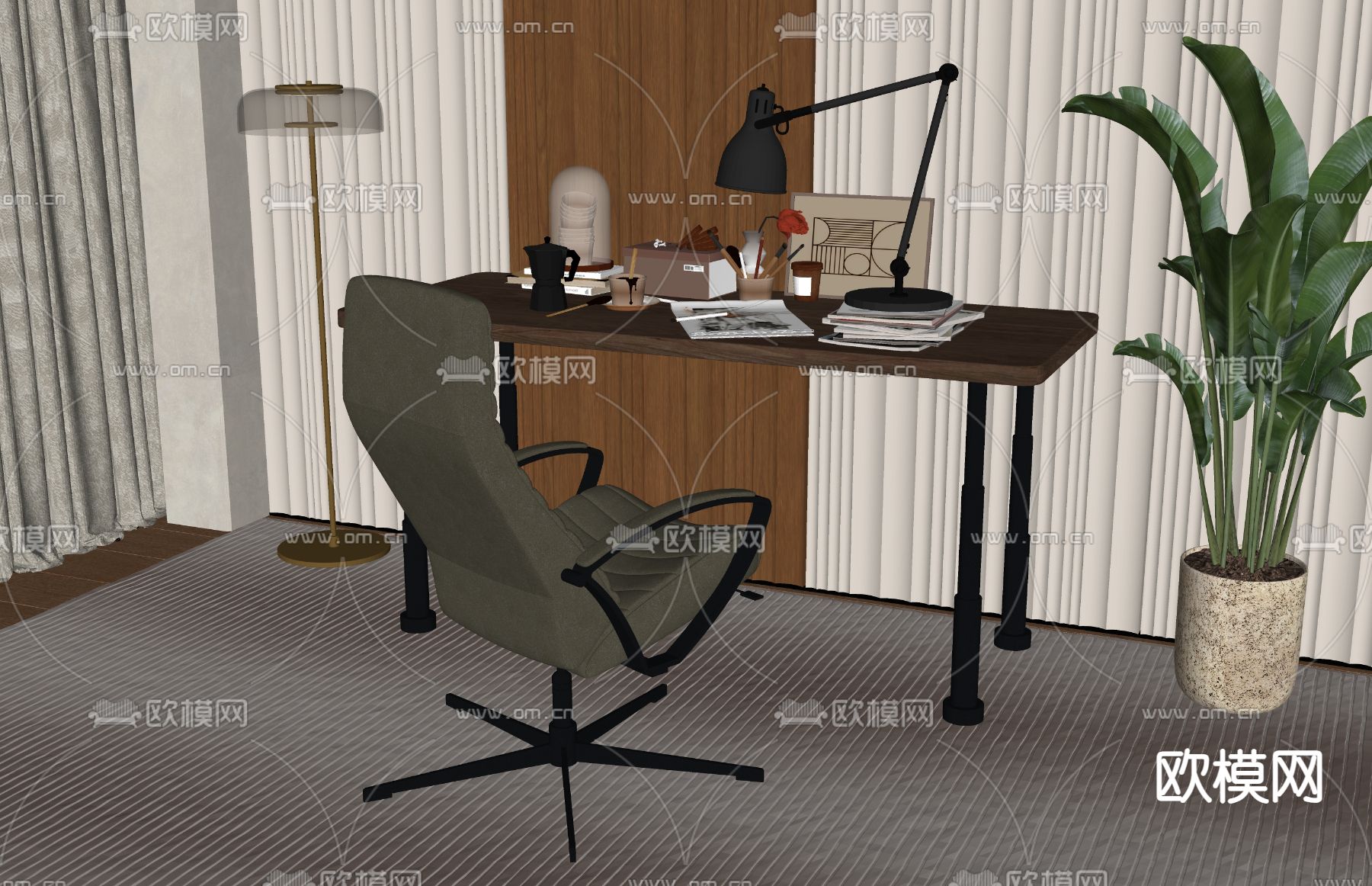 现代书桌椅su模型下载（渲染图1）